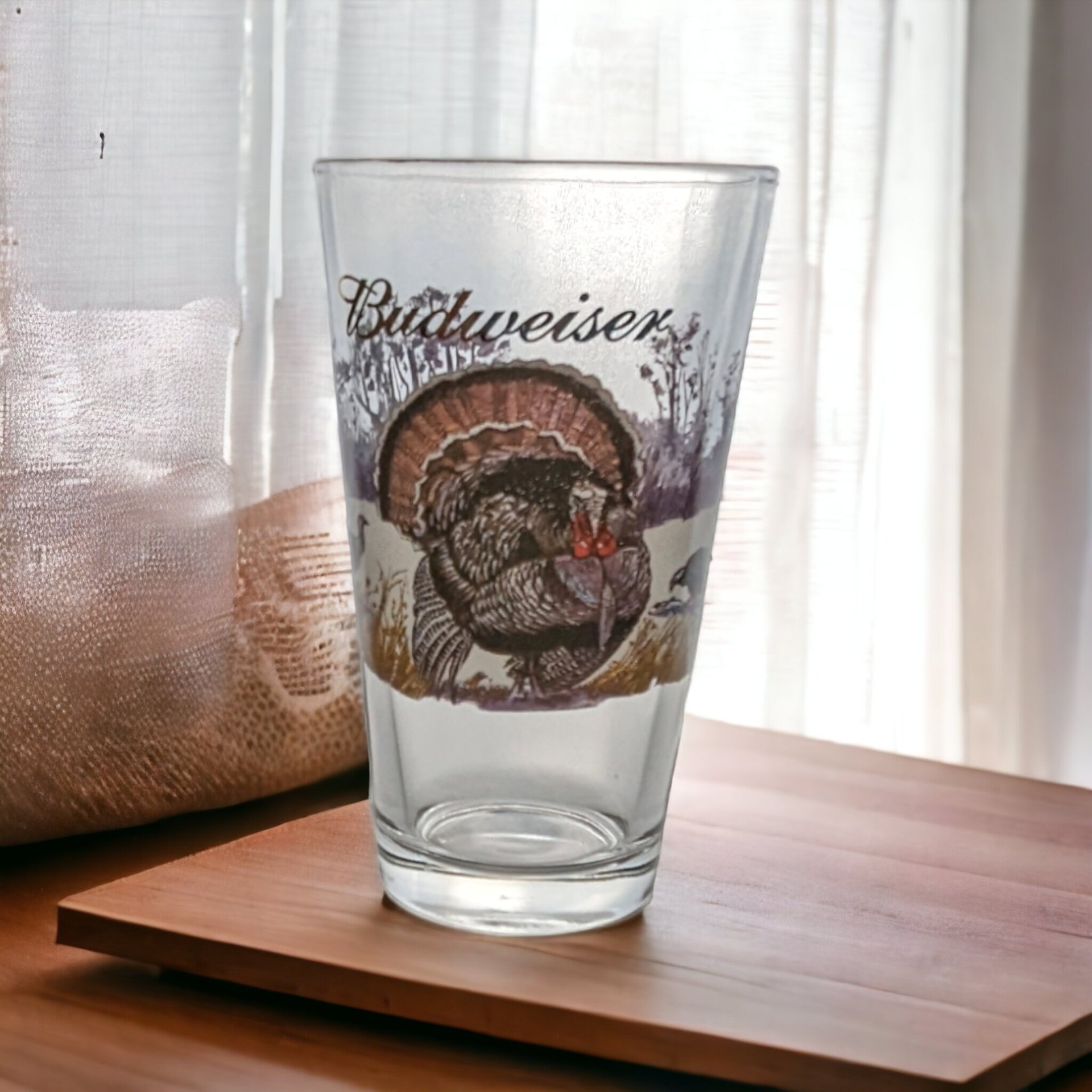 Vintage Budweiser Wildlife Pint Glasses| Elk, Prairie Chicken, Turkey, Quail | Gold Rimmed Beer Glasses | Hunting Decor