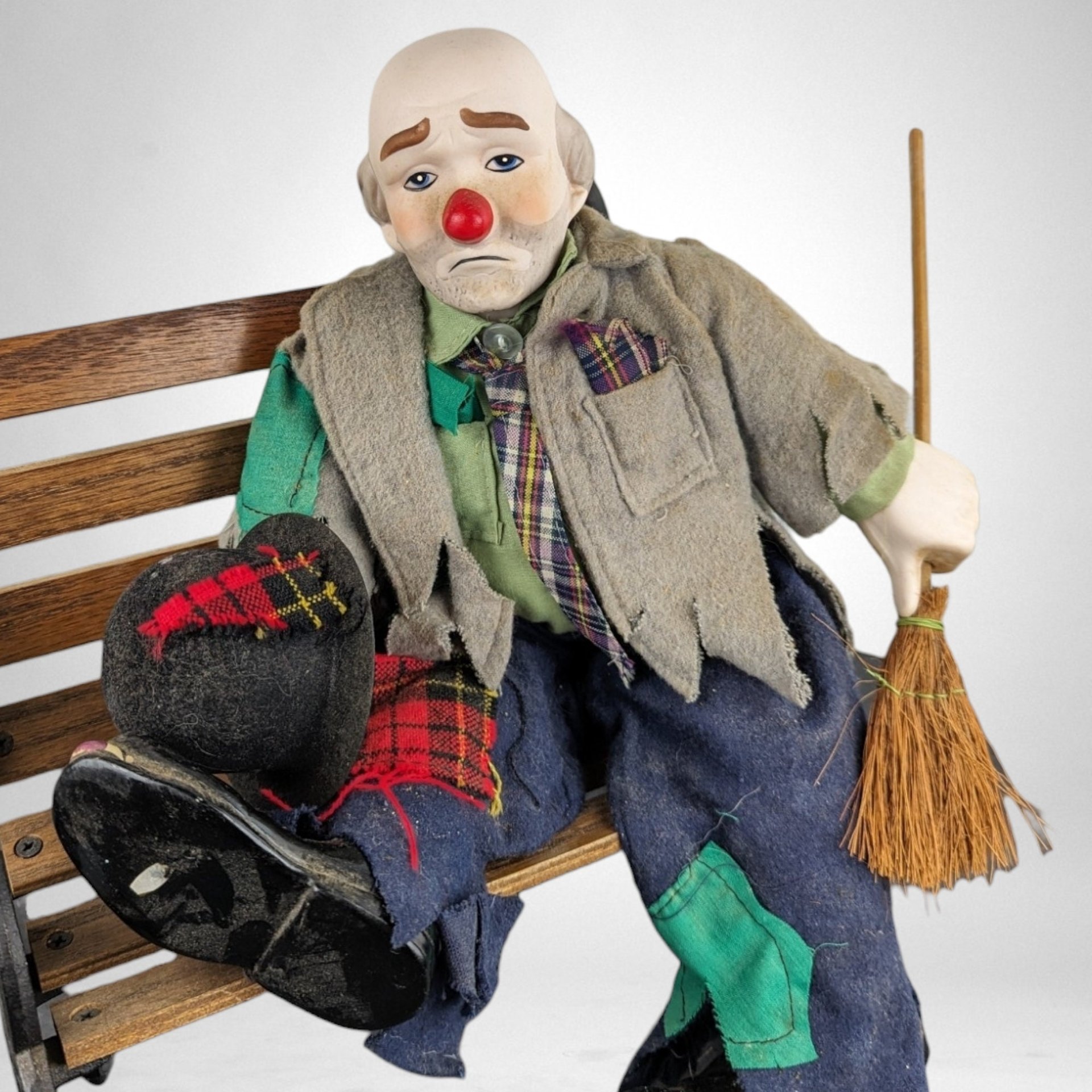 Vintage Clyde the Hobo Clown Doll on Bench (12")