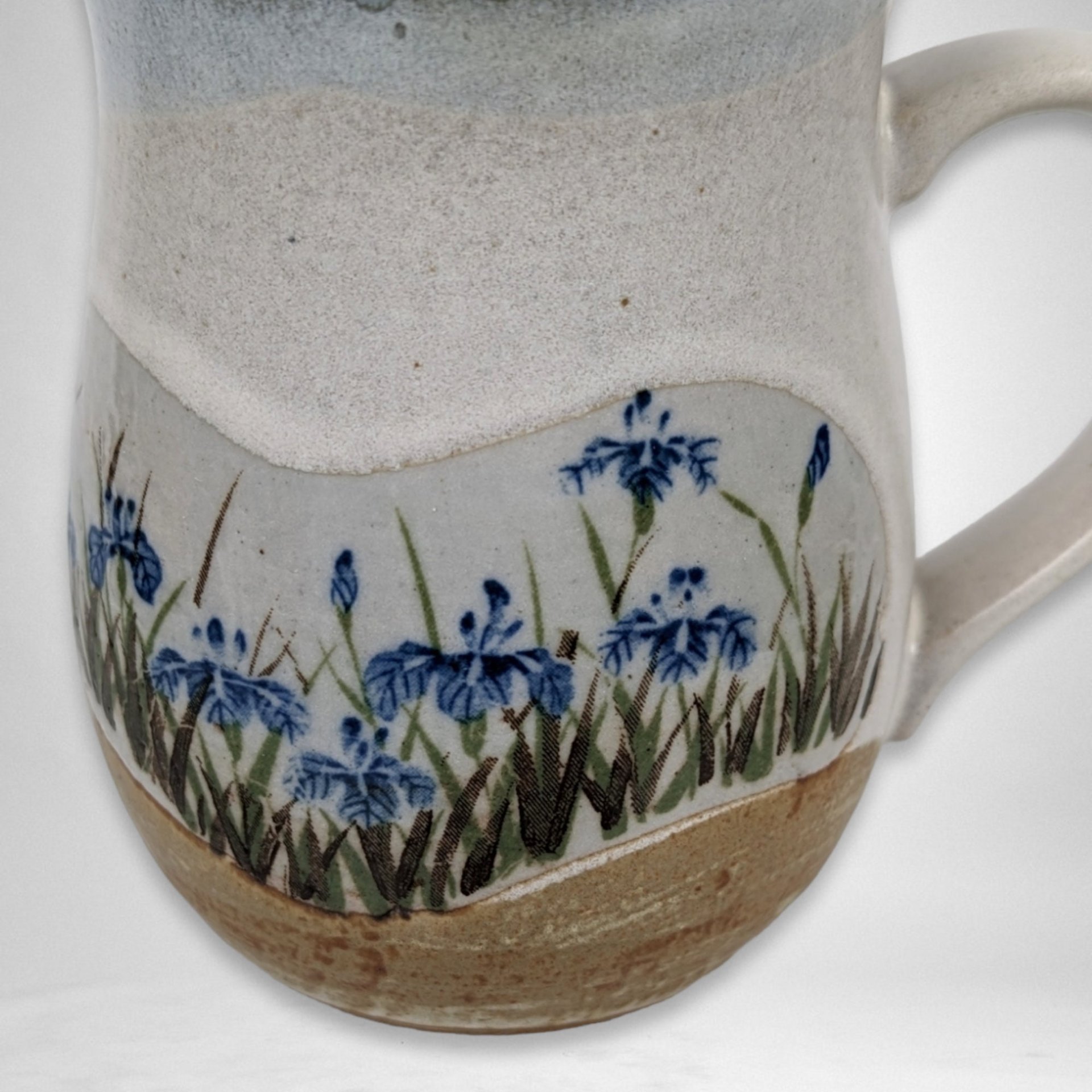Vintage Stoneware Mug | Blue Flowers | Gray & Brown | 4" Tall | Coffee Tea Cup | Excellent Condition