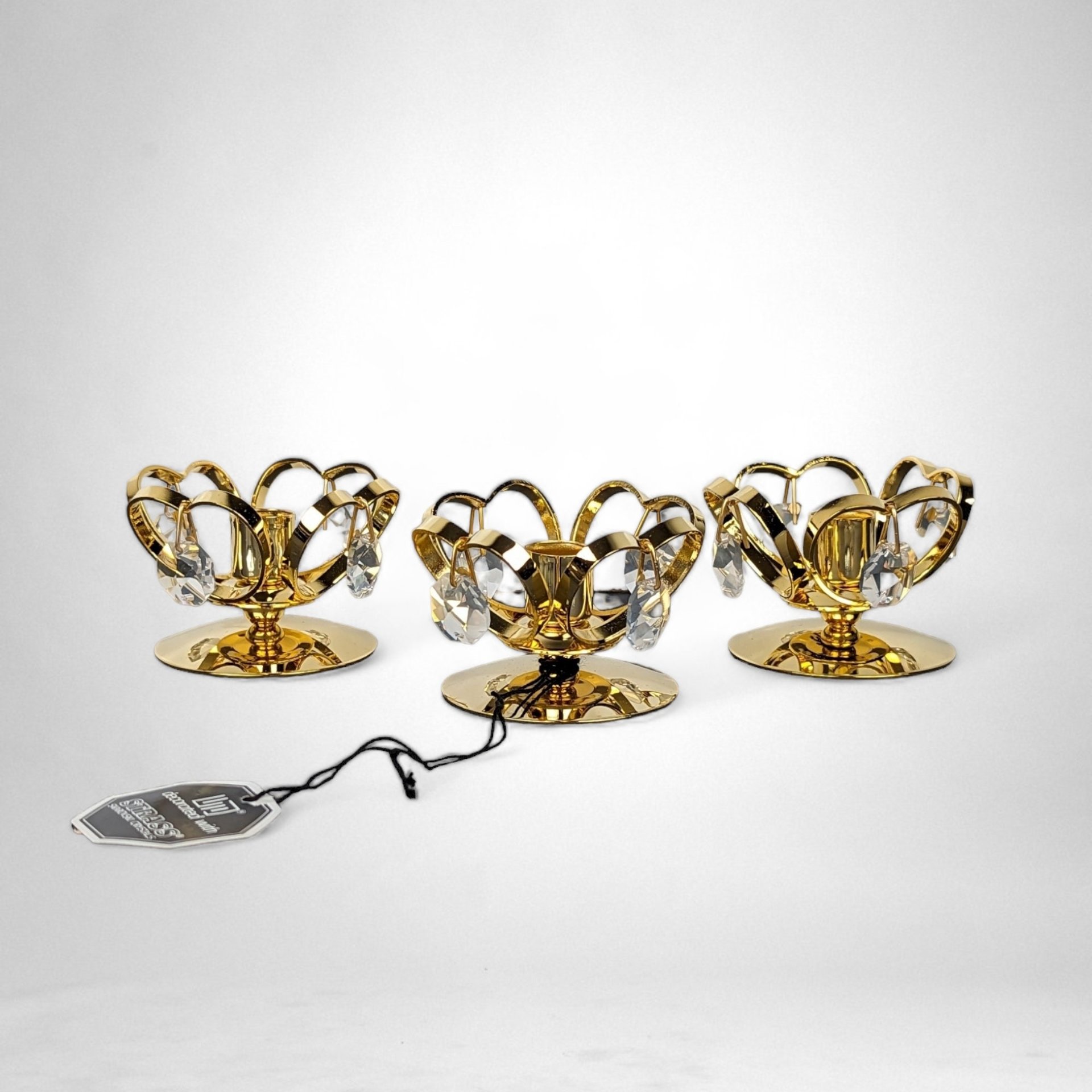 Set of 3 Vintage Crystal Temptations 24K Gold Plated Candle Holders with Crystals
