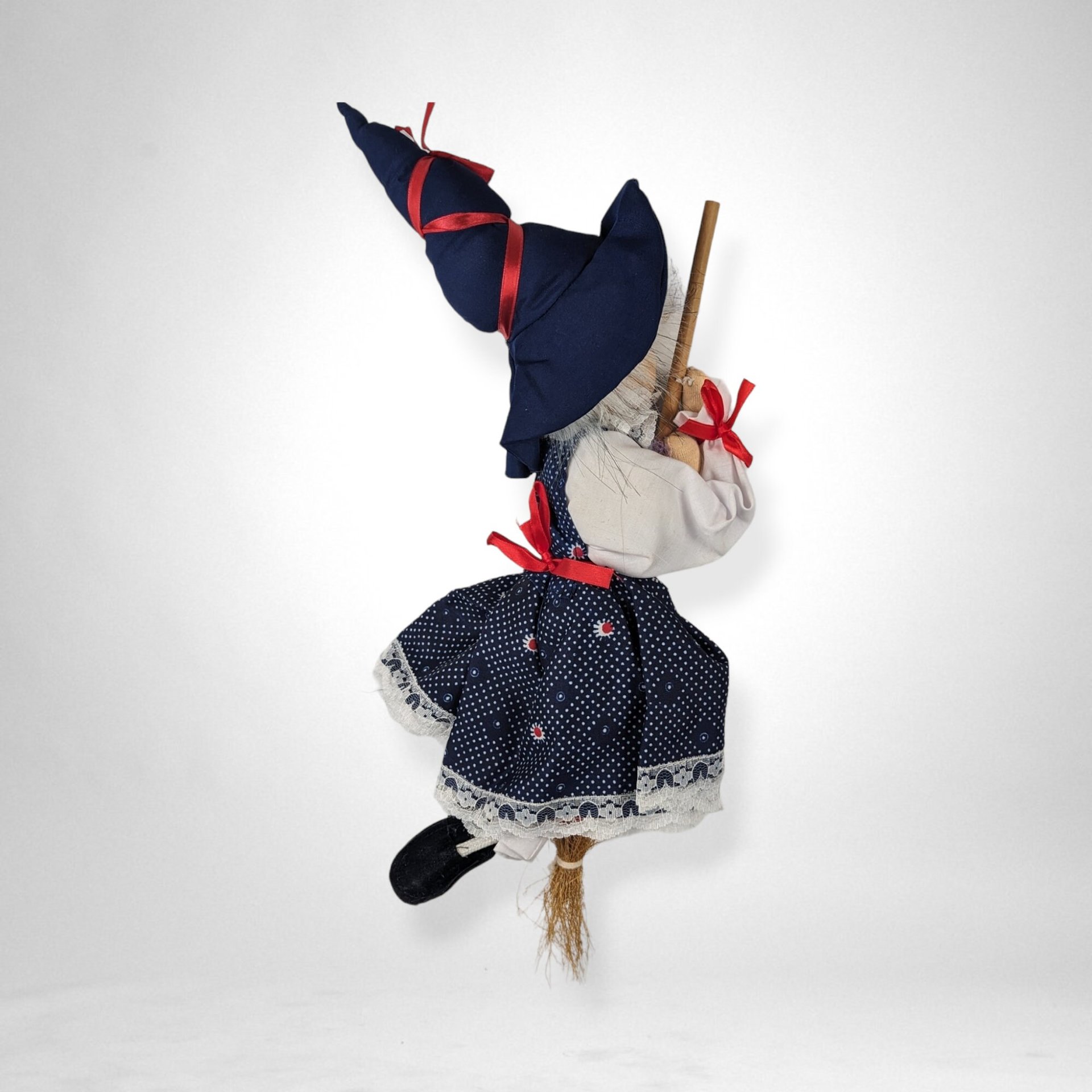 Vintage Hanging Witch on Broom with Porcelain Face