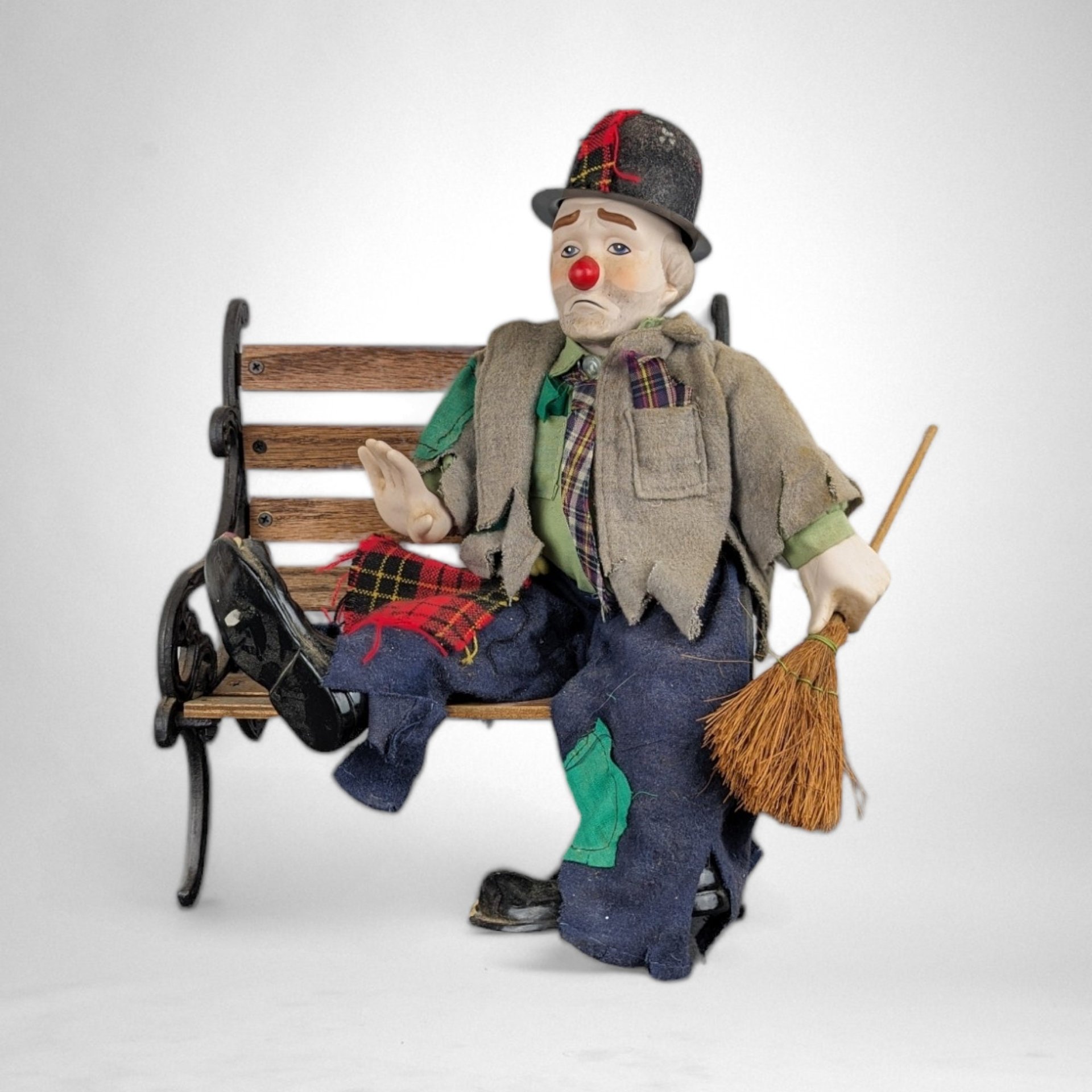 Vintage Clyde the Hobo Clown Doll on Bench (12")