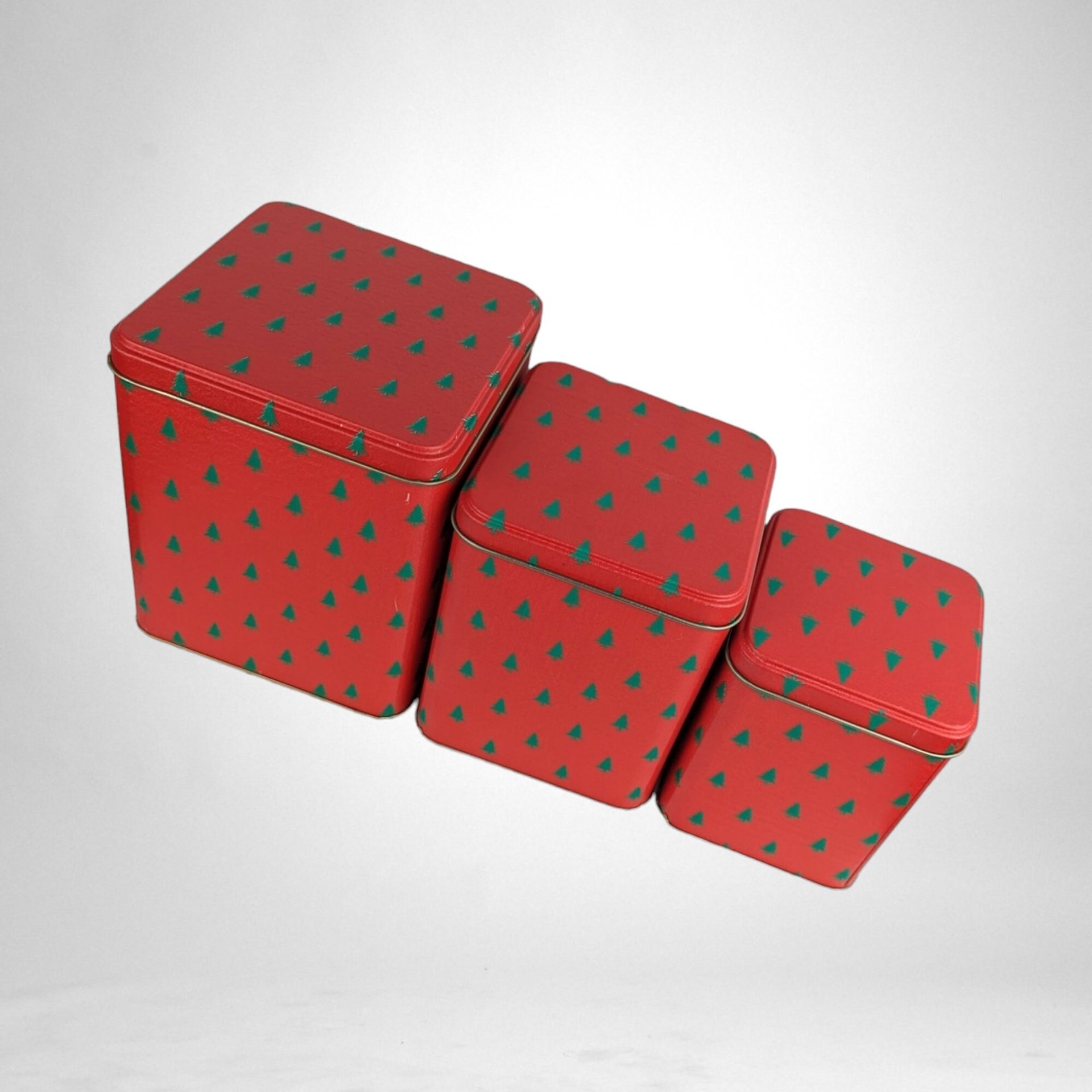 Vintage Enesco Set of 3 Red Christmas Tins with Festive Tree Pattern
