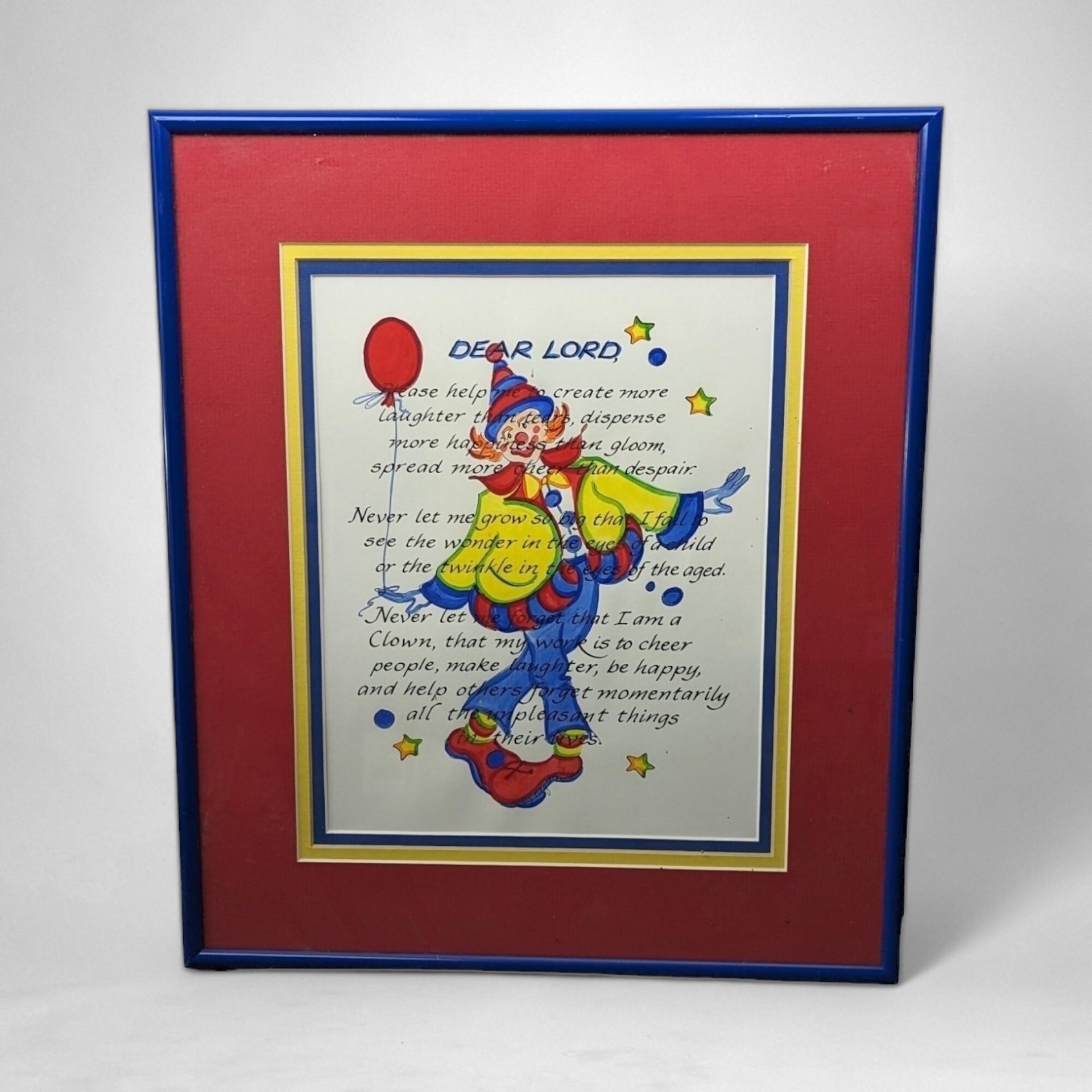 Clown Art with Prayer | Framed Vintage Picture | 15x13" | Whimsical & Religious