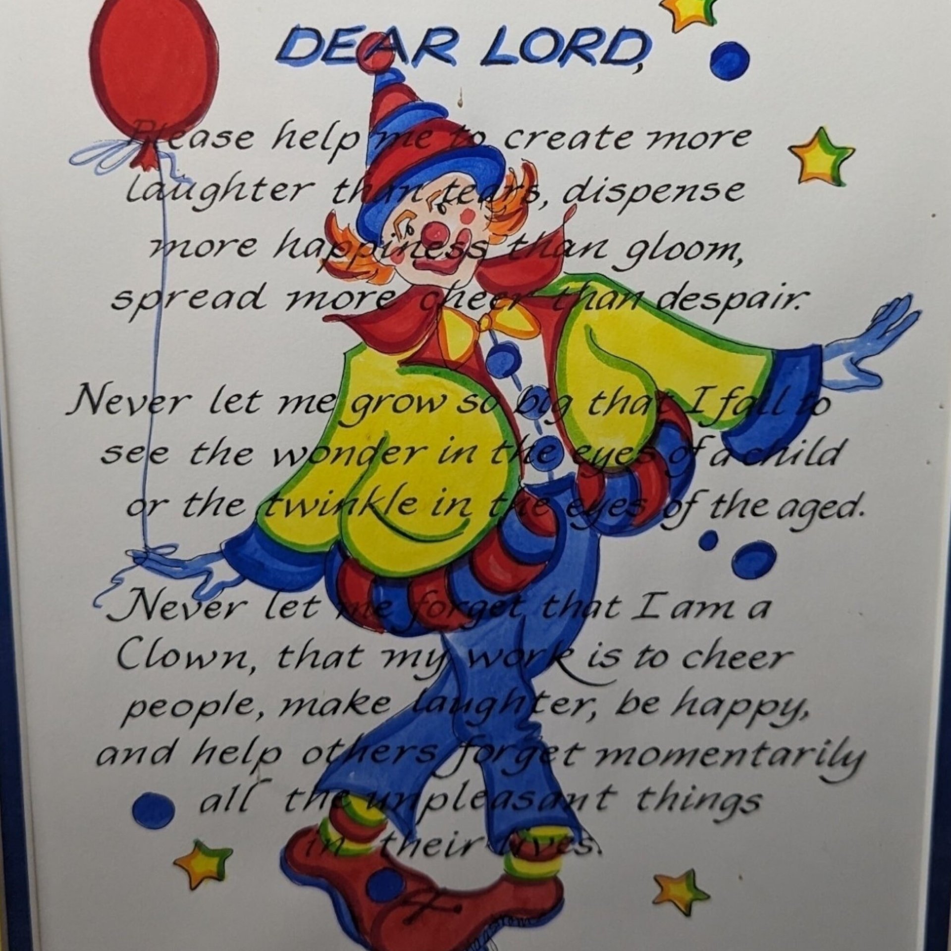 Clown Art with Prayer | Framed Vintage Picture | 15x13" | Whimsical & Religious