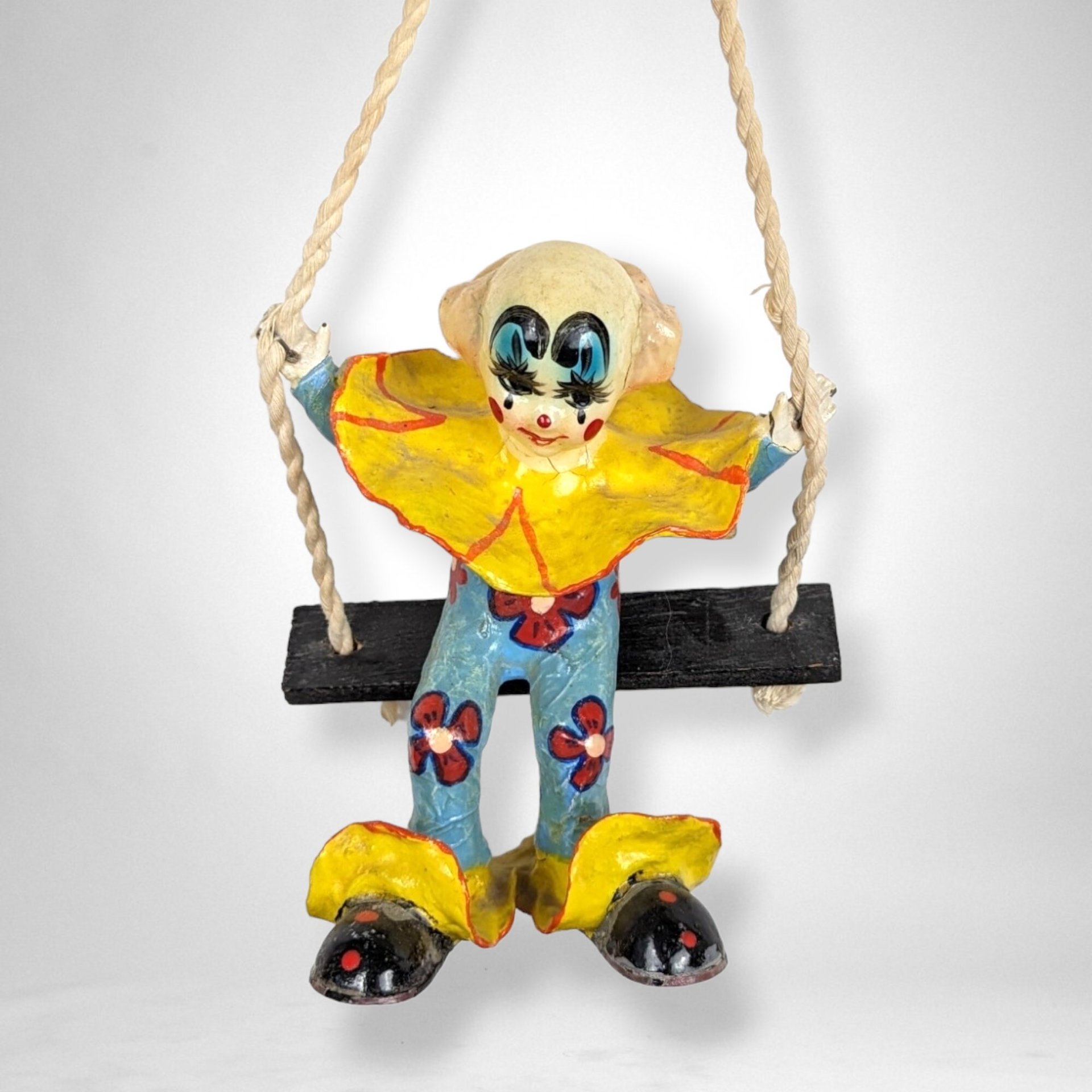 Vintage Paper Mache Clown on Swing Collectible