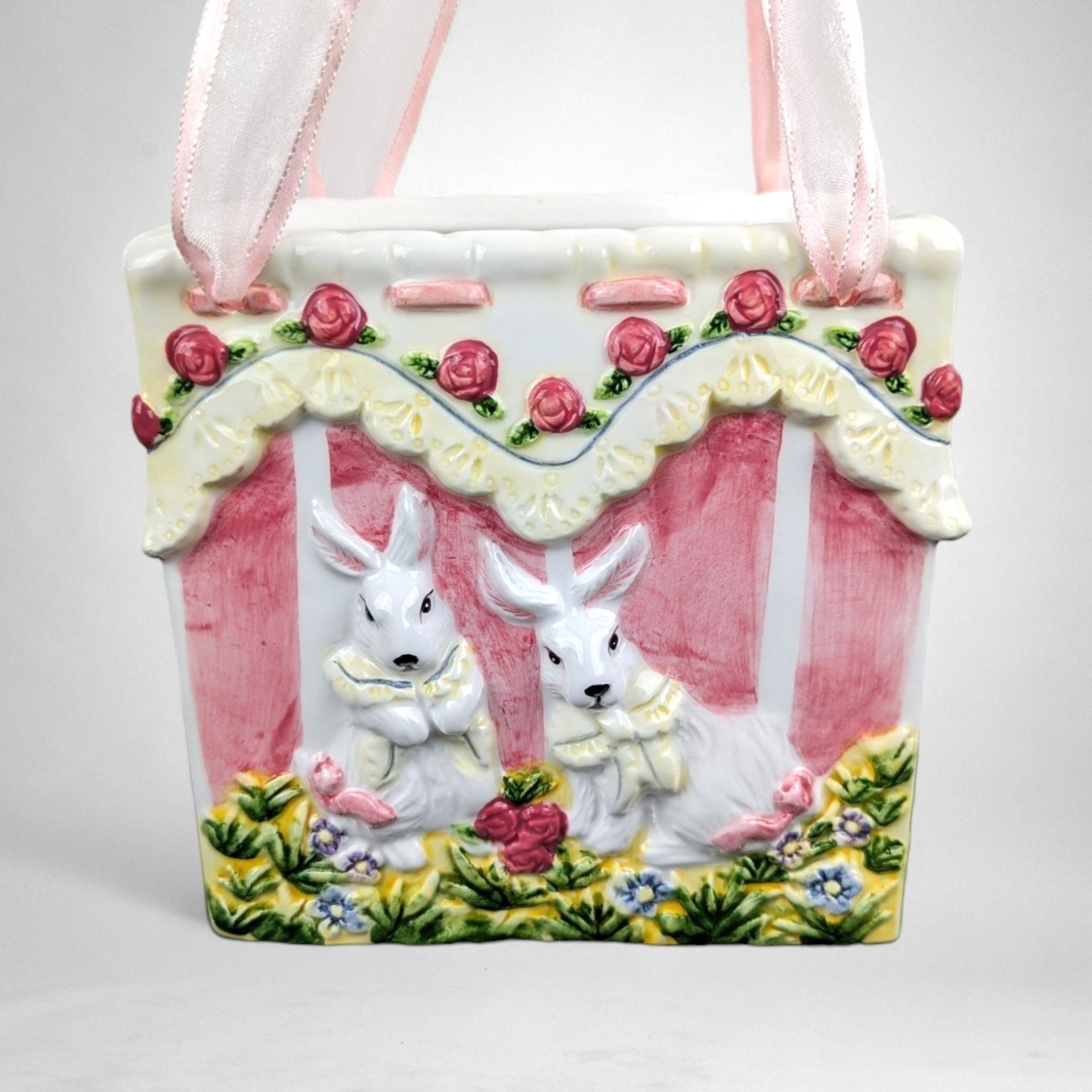 Vintage Ceramic Easter Bunny Bag, Easter Decor, Bunny Rabbit Decor, Spring Decor, Ceramic Basket, Easter Gift, Candy Holder