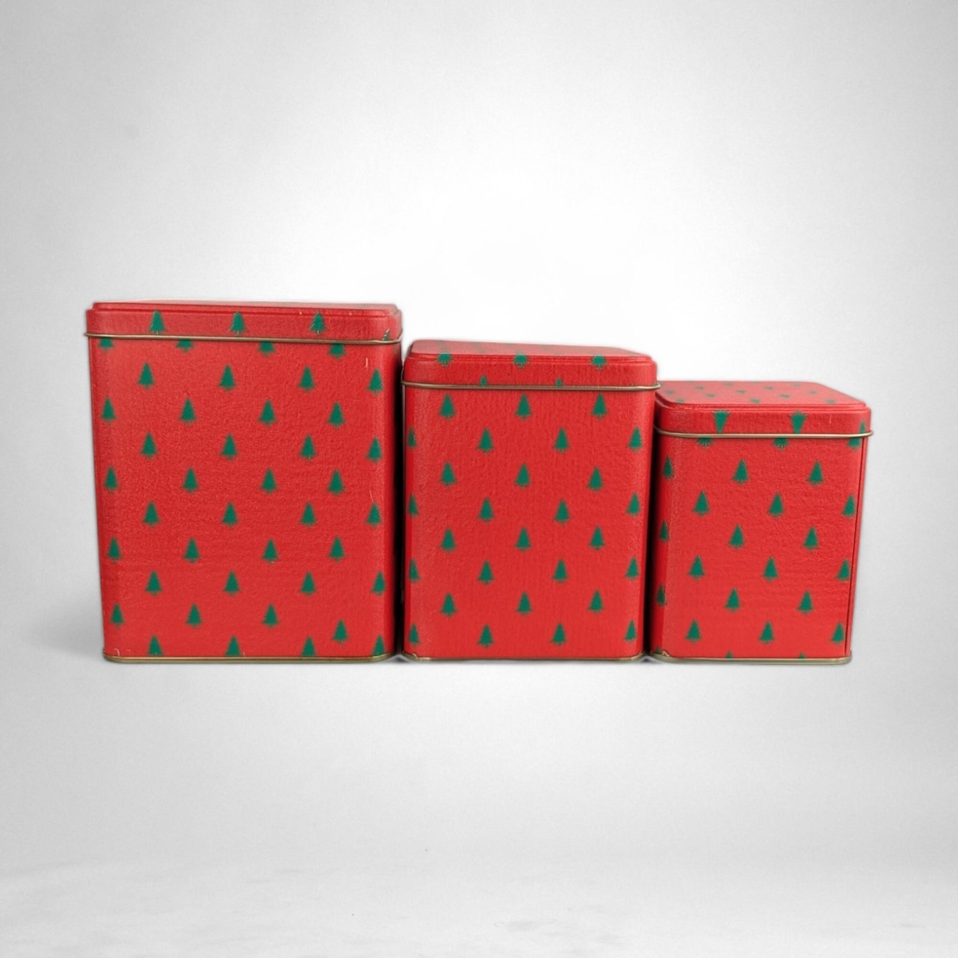 Vintage Enesco Set of 3 Red Christmas Tins with Festive Tree Pattern