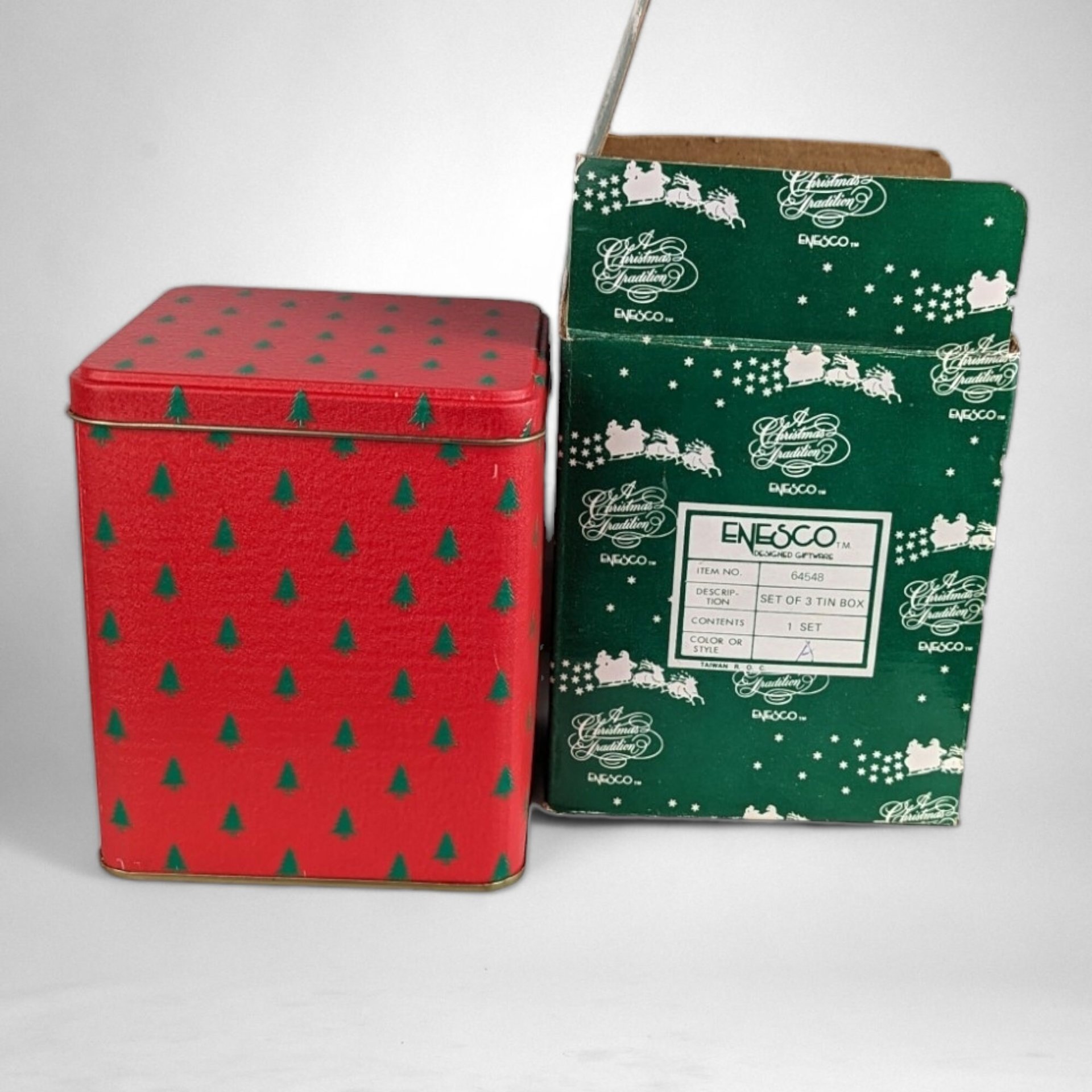 Vintage Enesco Set of 3 Red Christmas Tins with Festive Tree Pattern