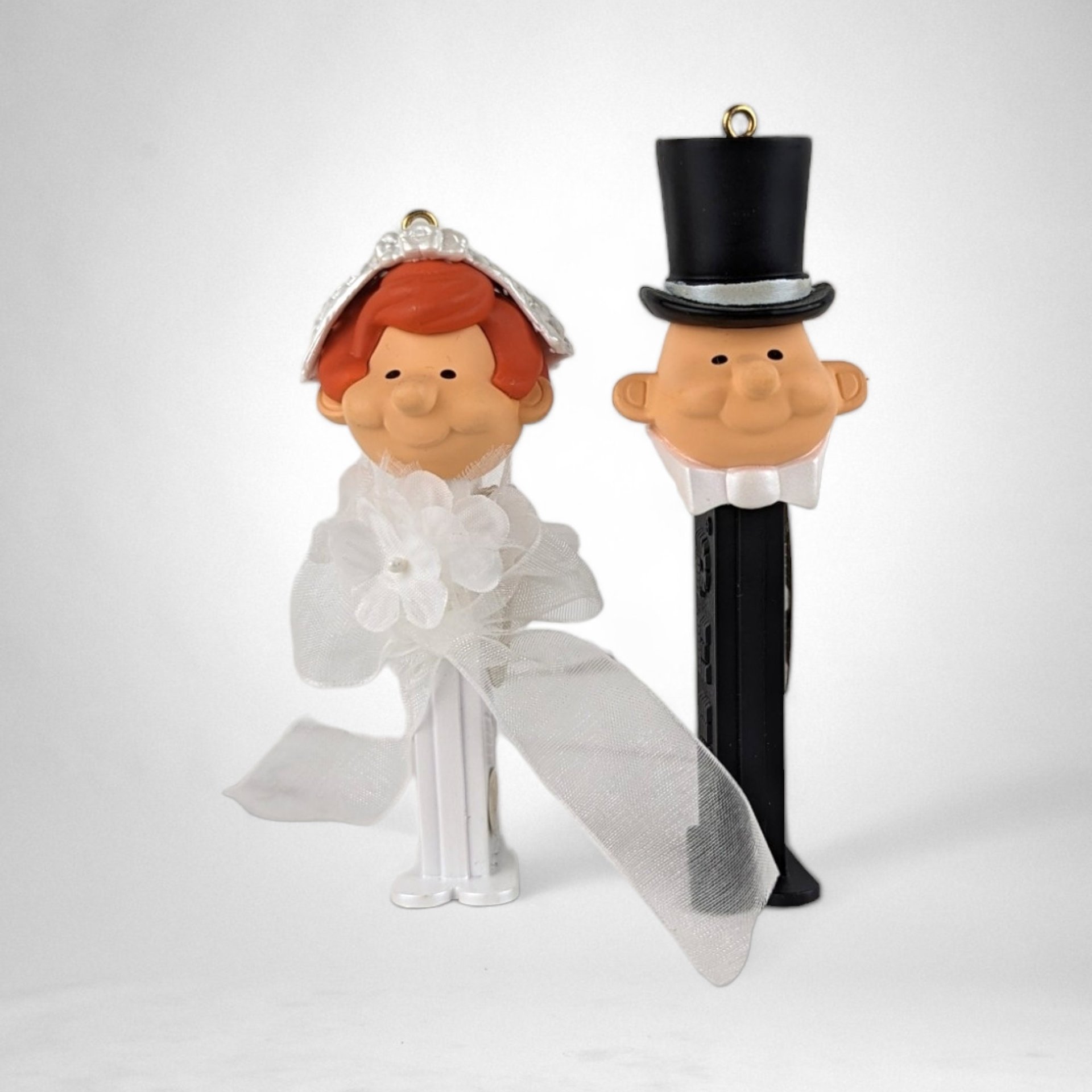 2001 Carlton Cards PEZ Here Comes the Bride and Groom Ornament Set