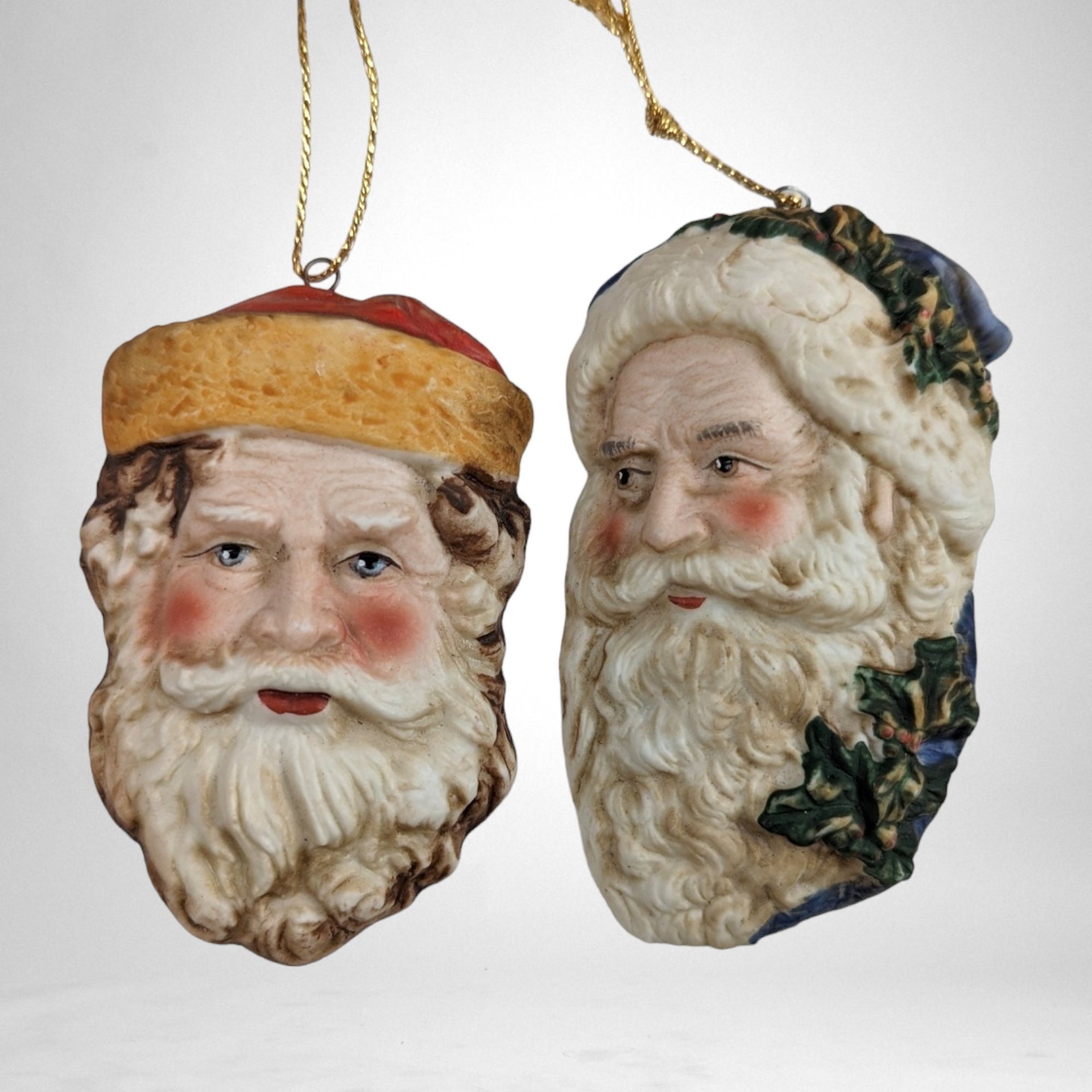 Vintage Enesco Pair of Ceramic Santa Heads Ornaments: Festive Holiday Charm