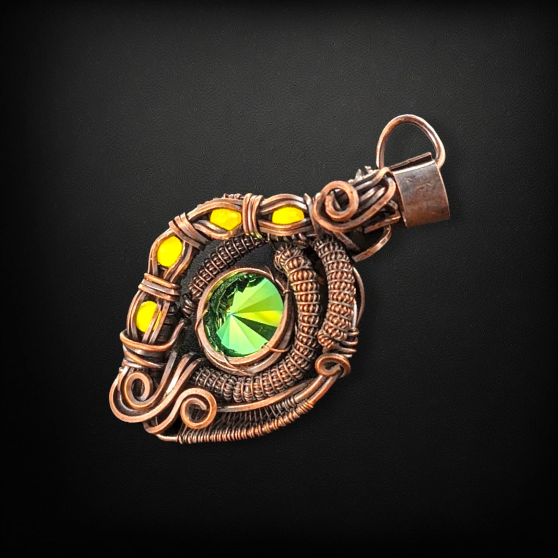 Handmade Copper Wire Wrapped Pendant with Green Crystal, Green Rivoli Crystal Jewelry, Artisan Pendant, Statement Pendant