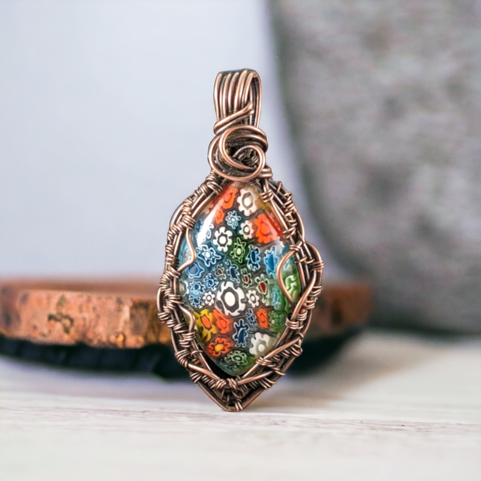 Handmade Copper Wire Wrapped Millefiori Pendant, Rustic Patina, Unique Glass Art Jewelry, Gift for Her, Bohemian Pendant