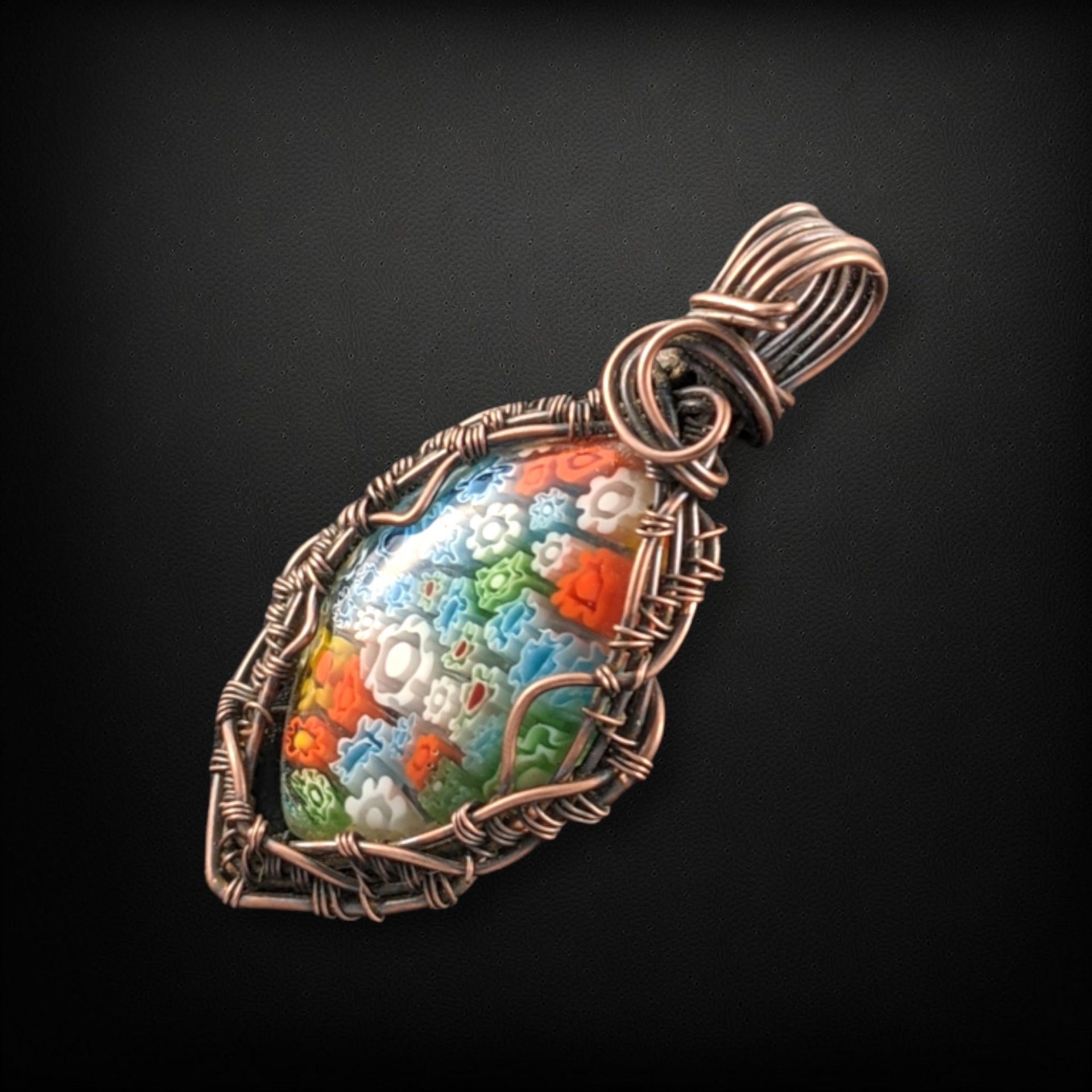 Handmade Copper Wire Wrapped Millefiori Pendant, Rustic Patina, Unique Glass Art Jewelry, Gift for Her, Bohemian Pendant