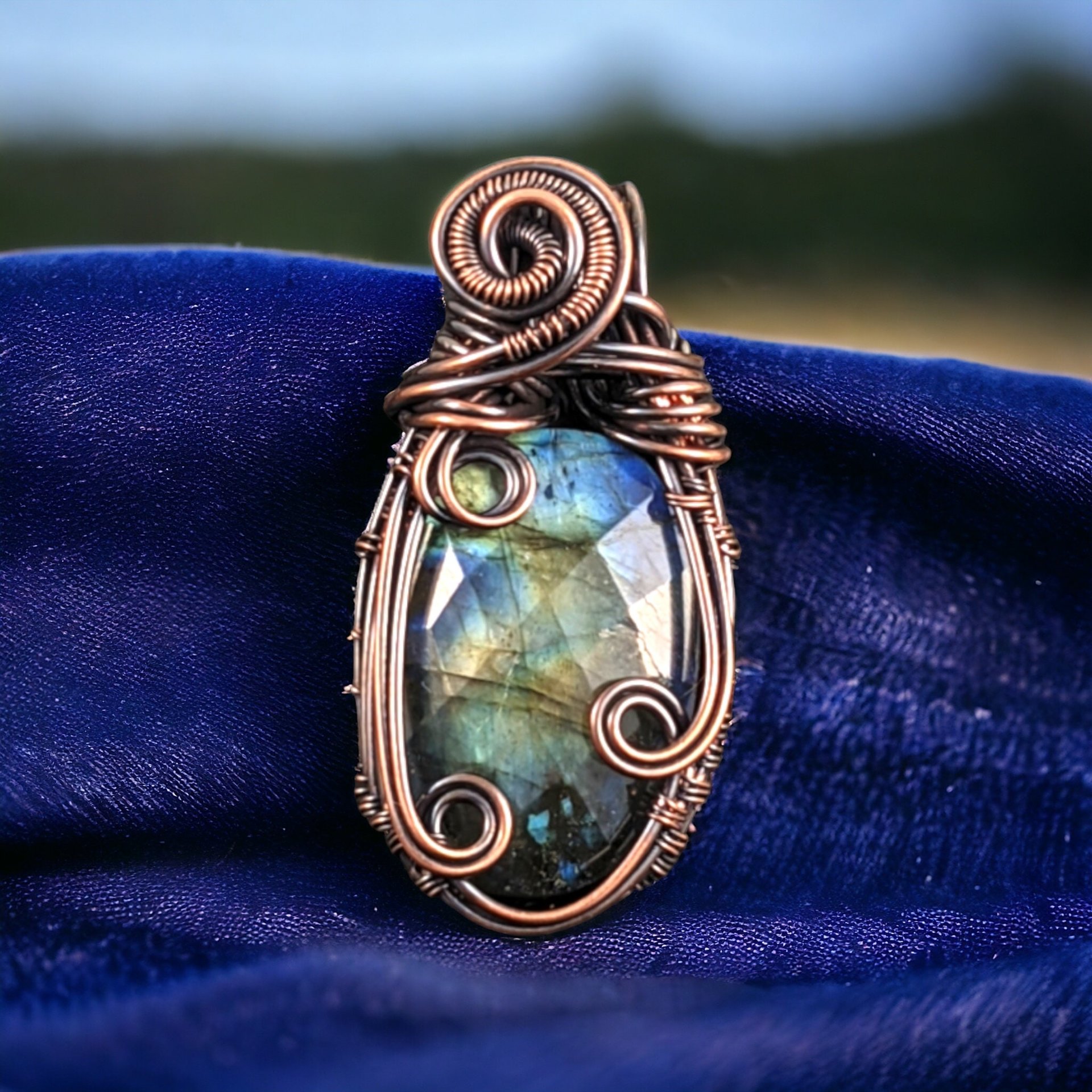 Handmade Copper Wire Wrapped Labradorite Pendant | Checker Cut Gemstone |  Boho Jewelry | Unique Gift for Women |  Antiqued Copper