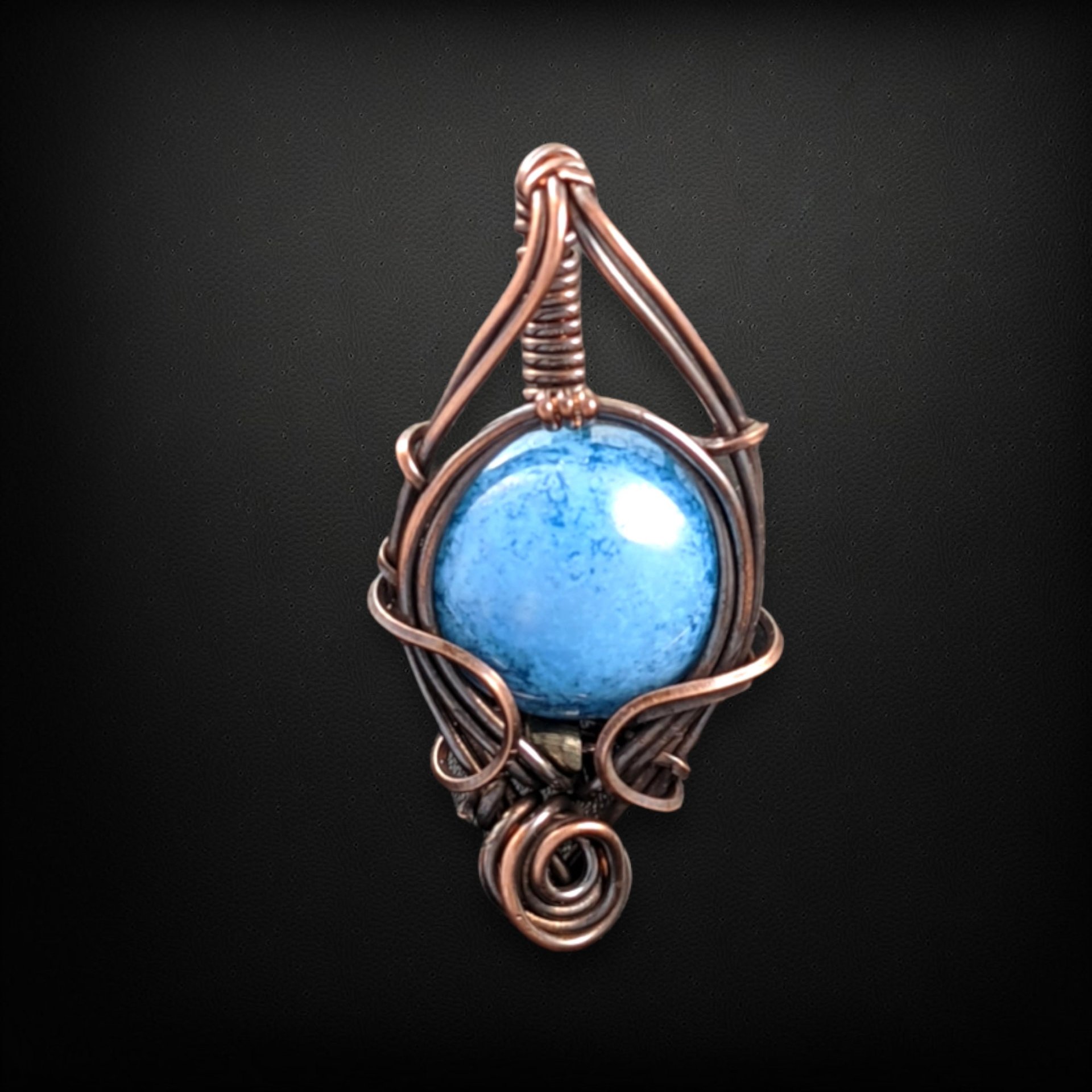 Handmade Copper Wire Wrapped Blue Czech Glass Pendant, Unique Artisan Jewelry, Handmade Gift Idea