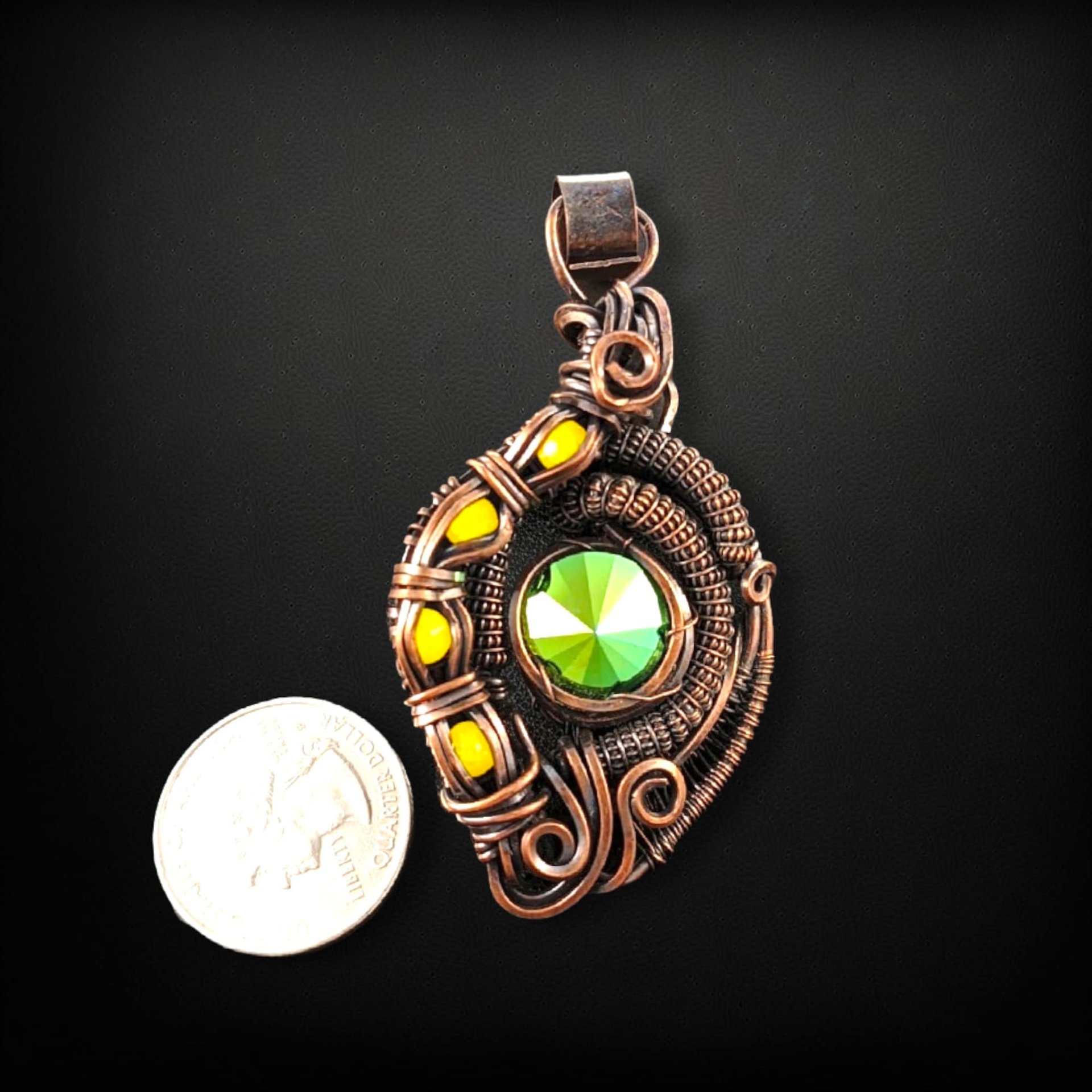 Handmade Copper Wire Wrapped Pendant with Green Crystal, Green Rivoli Crystal Jewelry, Artisan Pendant, Statement Pendant