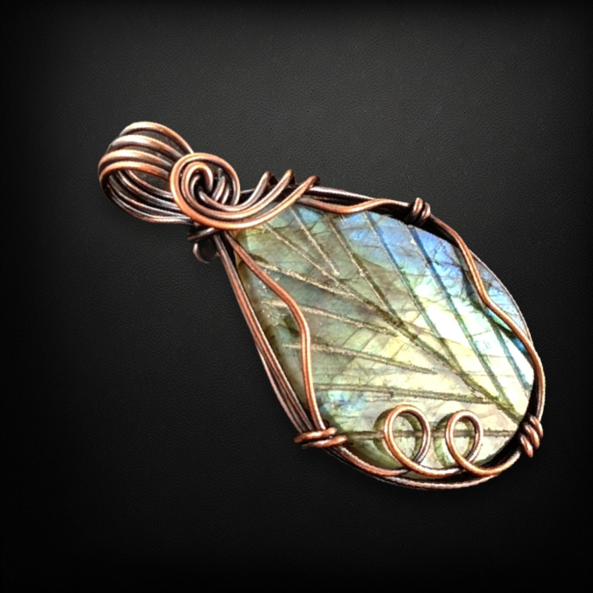 Handmade Copper Wire Wrapped Leaf Carved Labradorite Necklace | Unique Pendant | One-of-a-Kind Jewelry