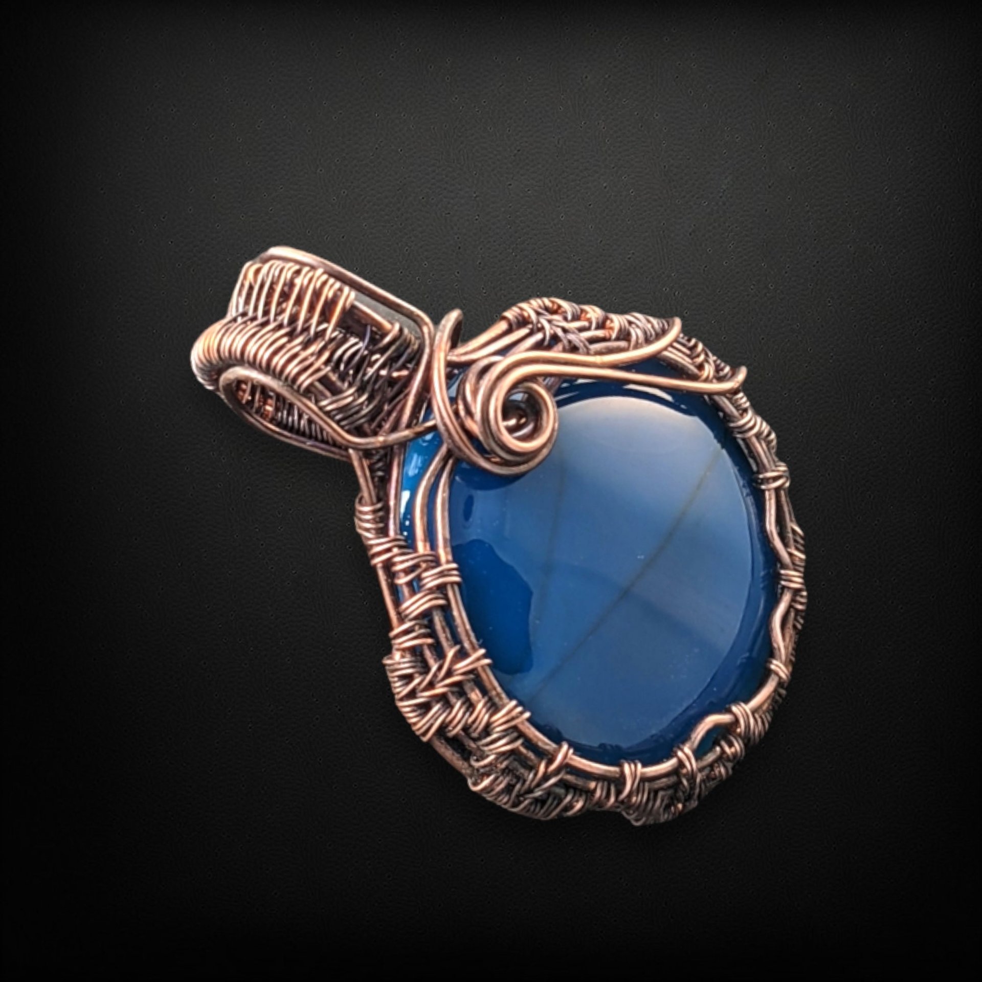Handcrafted Copper Wire Wrapped Blue Agate Pendant | Unique Boho Jewelry | Calming Stone