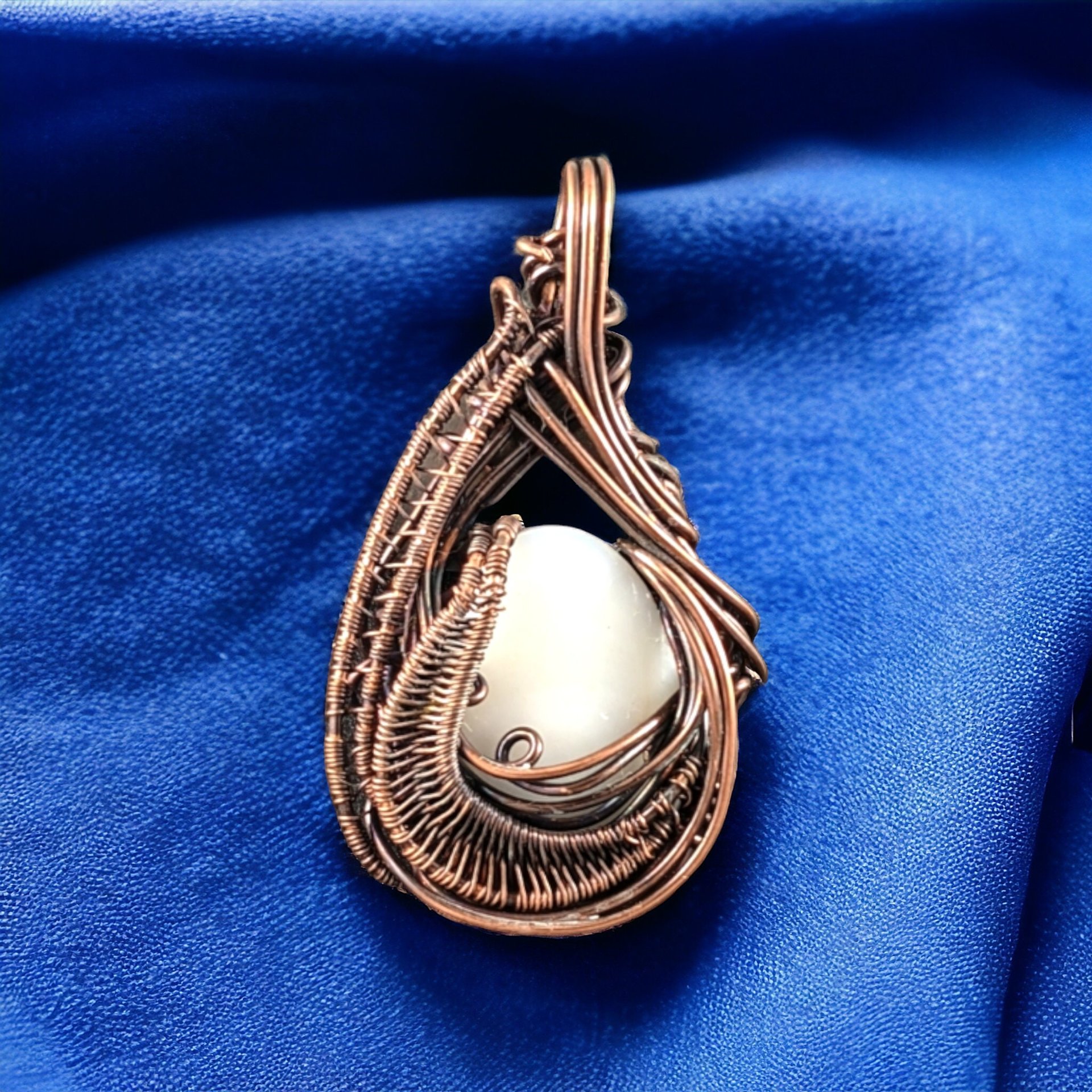 Handmade Copper Wire Wrapped Pendant with White Shell Cabochon | Unique Artisan Jewelry | Boho Necklace Pendant | Gift for Her