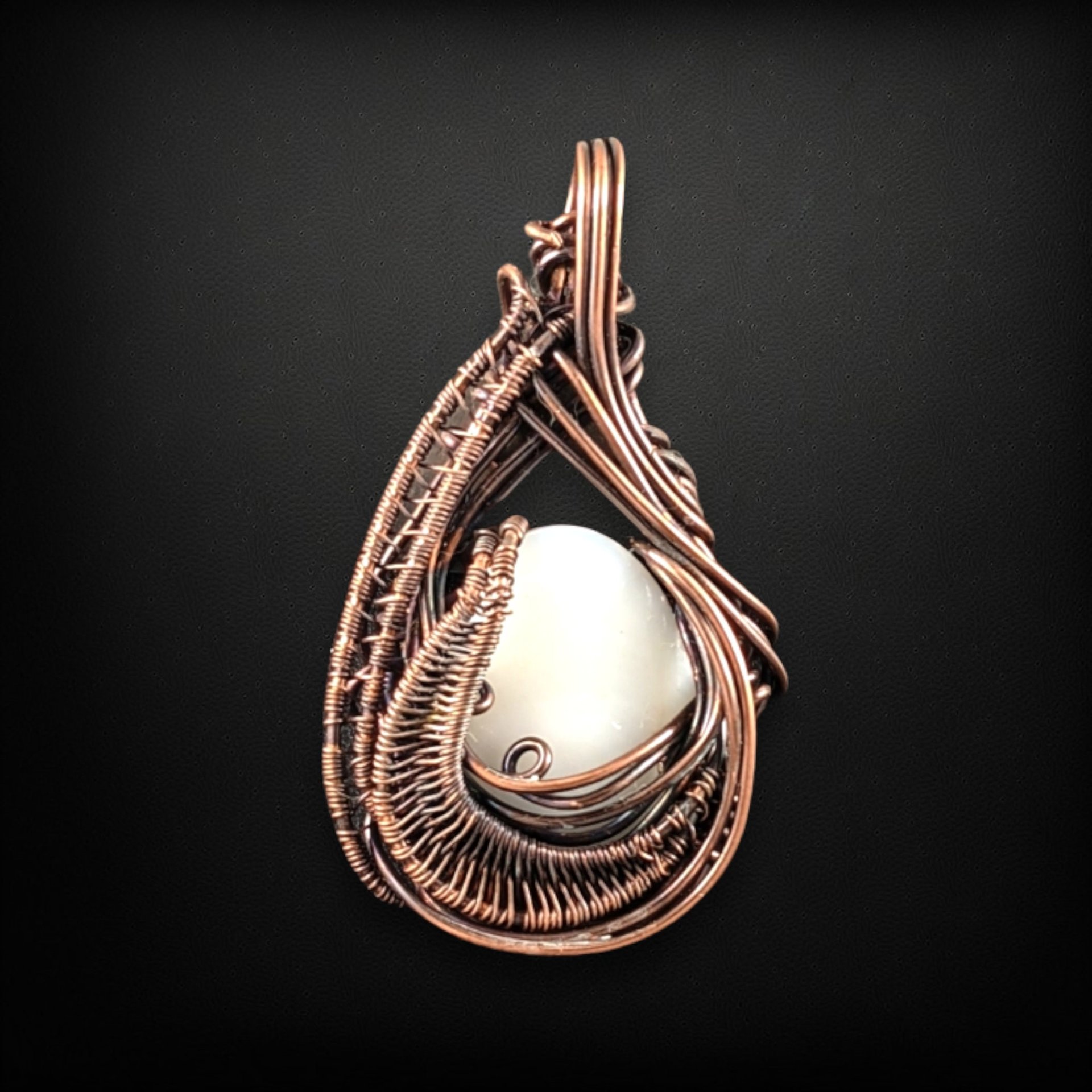 Handmade Copper Wire Wrapped Pendant with White Shell Cabochon | Unique Artisan Jewelry | Boho Necklace Pendant | Gift for Her