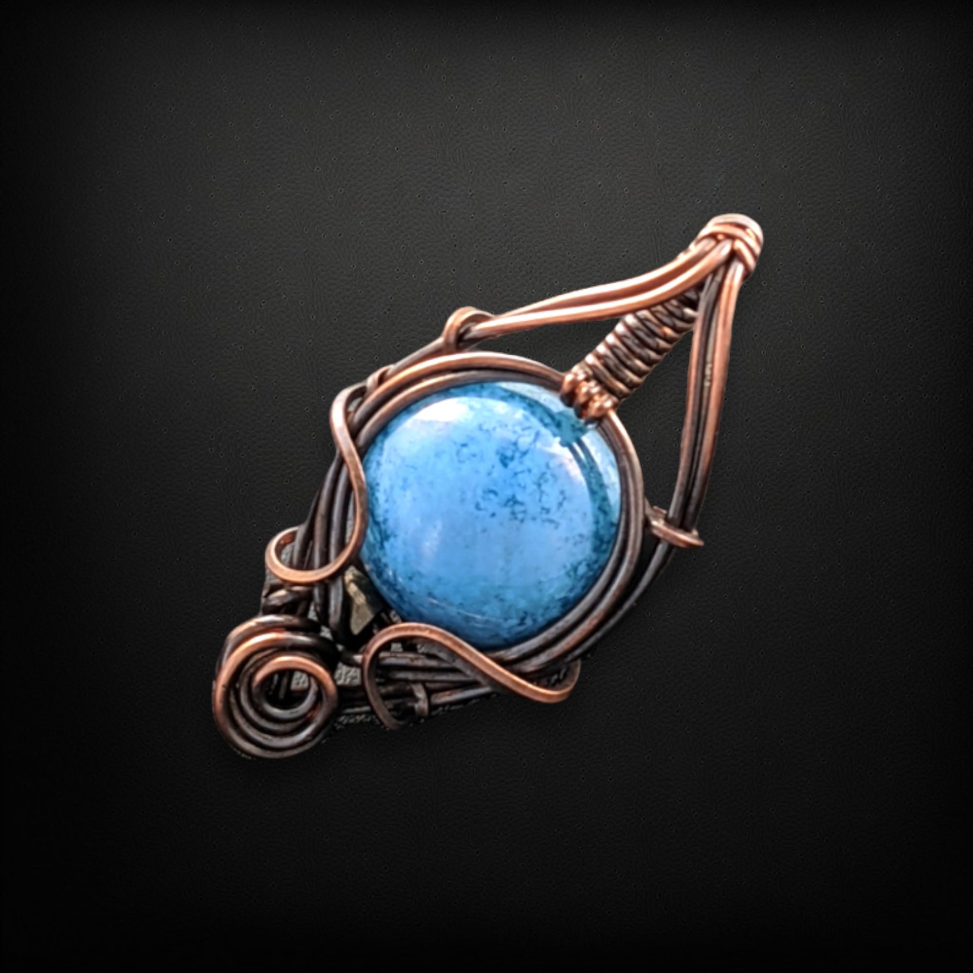 Handmade Copper Wire Wrapped Blue Czech Glass Pendant, Unique Artisan Jewelry, Handmade Gift Idea