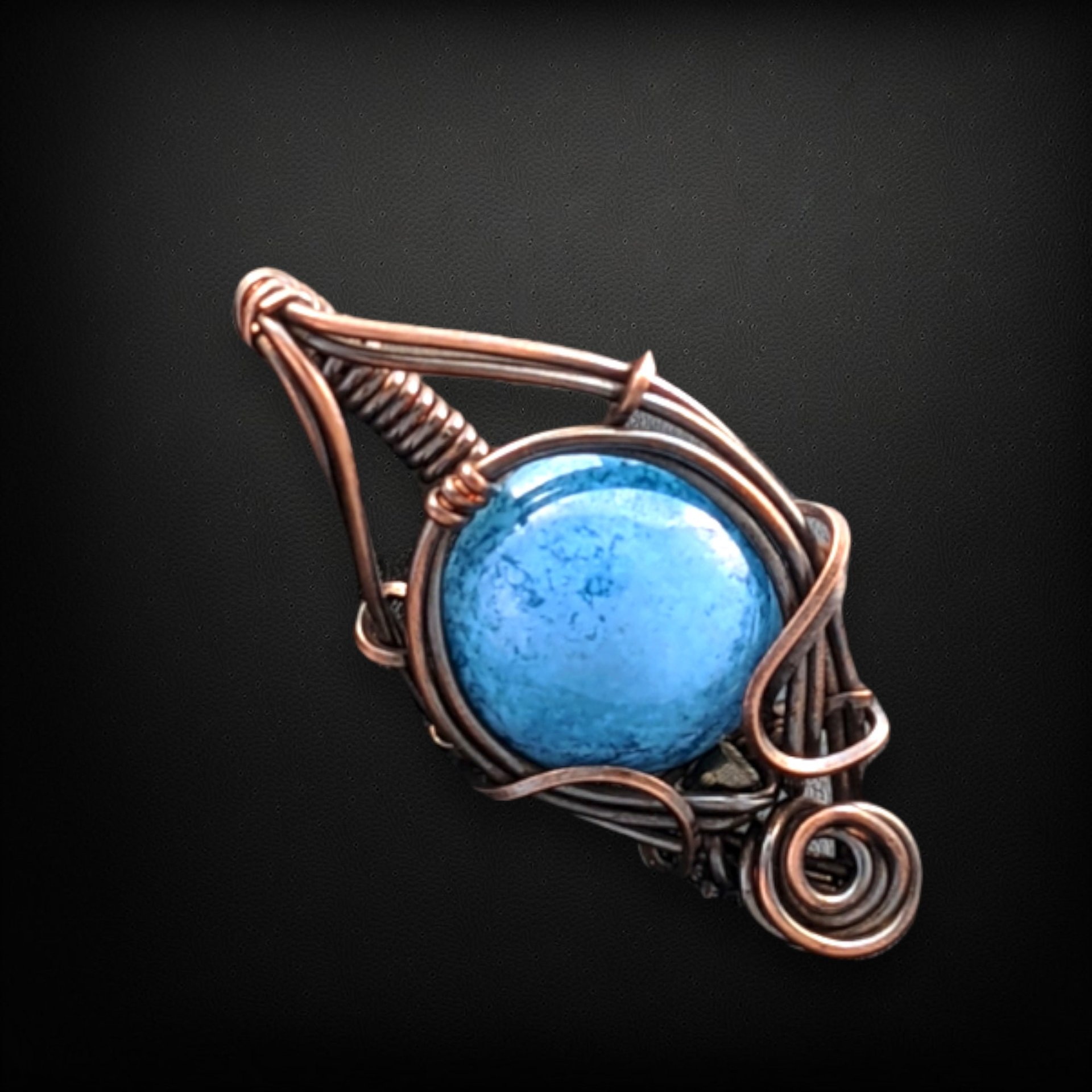 Handmade Copper Wire Wrapped Blue Czech Glass Pendant, Unique Artisan Jewelry, Handmade Gift Idea