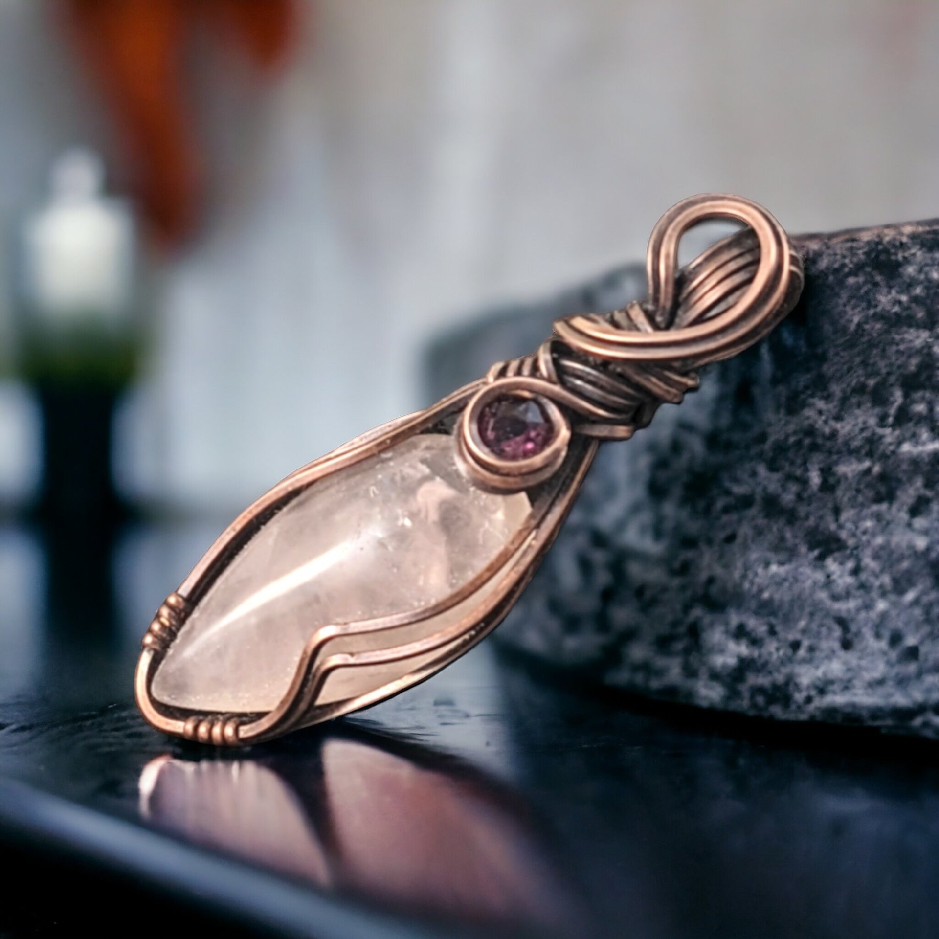 Handmade Copper Wire Wrapped Rose Quartz & Amethyst Pendant, Unique Crystal Jewelry, Love and Healing Gift