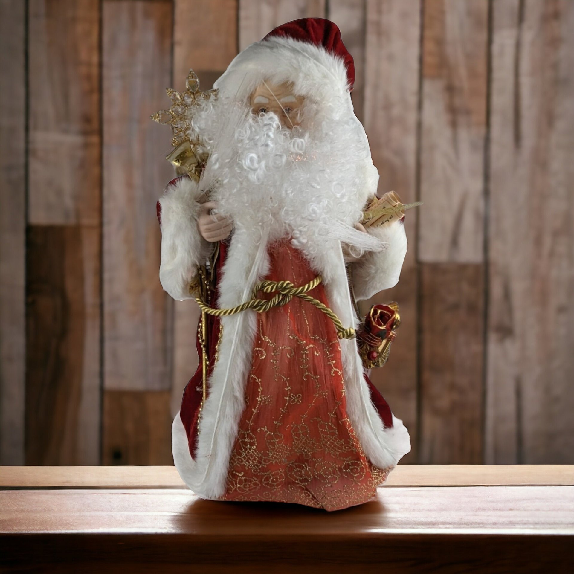 Vintage Fiber Optic Santa Tree Topper | 17" Lighted Christmas Decoration | Red and Gold Santa Claus | Festive Holiday Decor