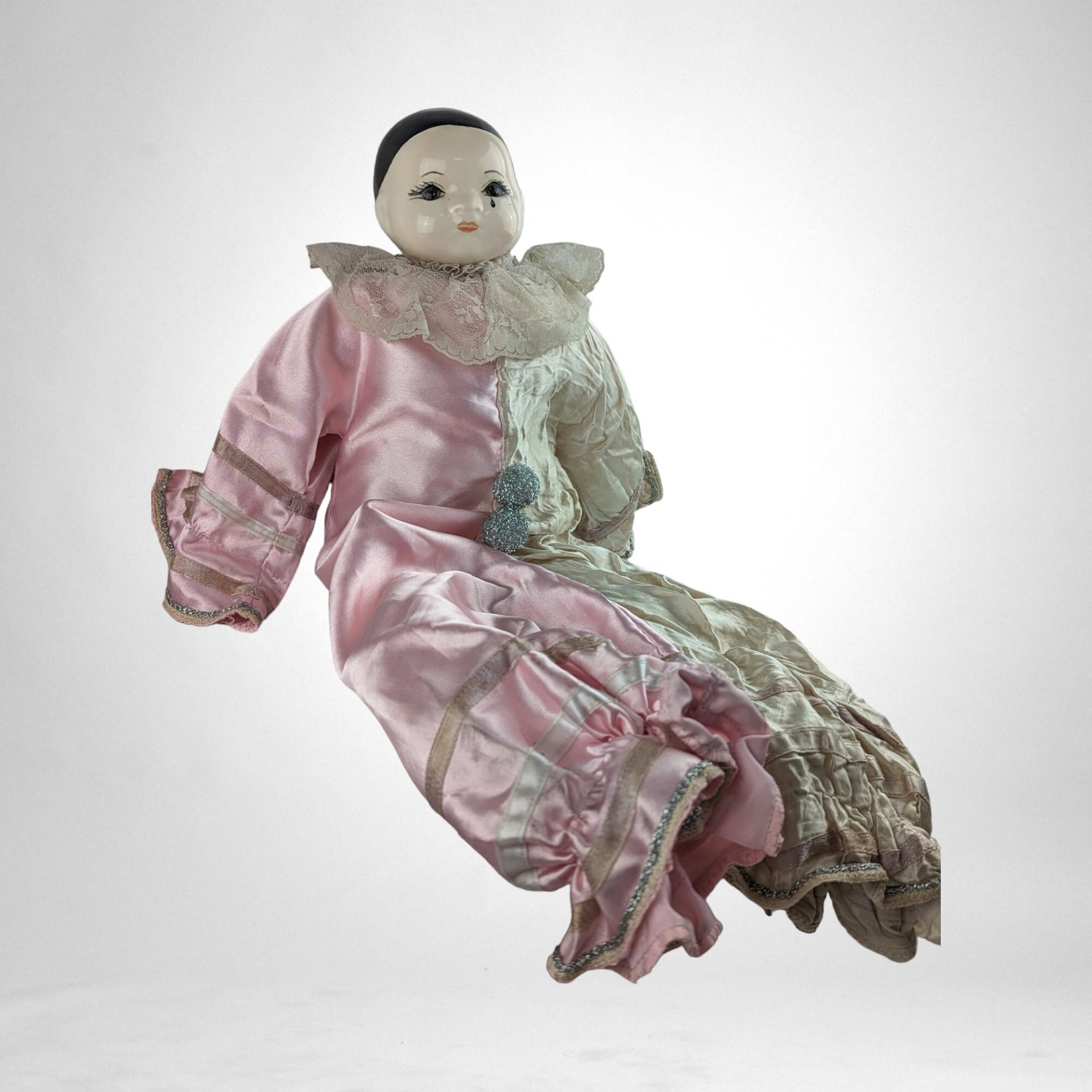 Vintage Porcelain Sad Clown Doll in Pink Outfit | Unique Collectible Decor | Charming Home Accent | Perfect Gift for Clown Collectors