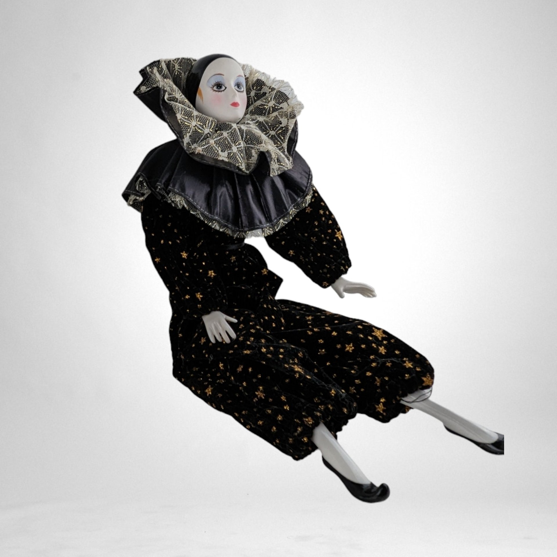 Vintage 14" Porcelain Harlequin Clown Doll, Black Clothes with Stars