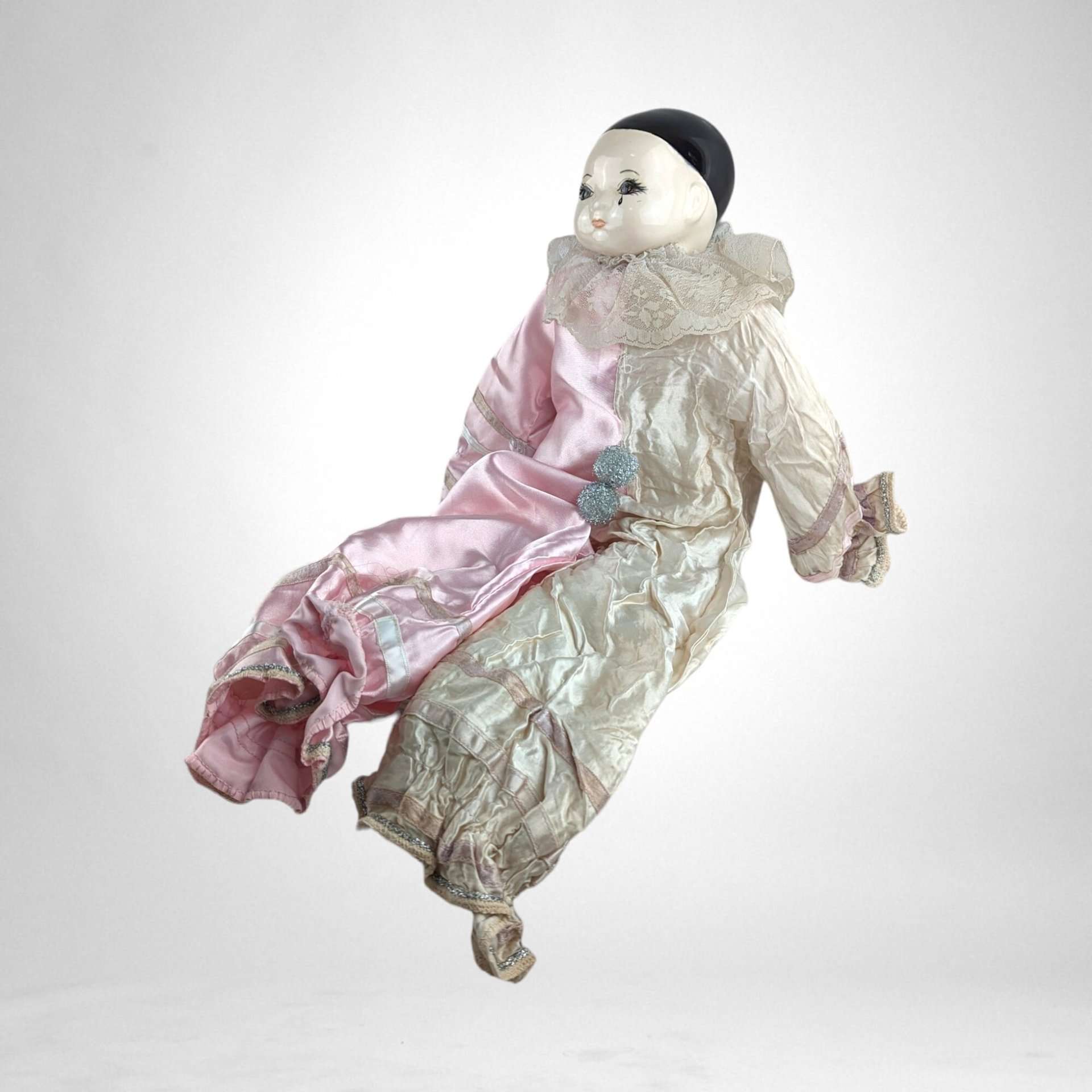 Vintage Porcelain Sad Clown Doll in Pink Outfit | Unique Collectible Decor | Charming Home Accent | Perfect Gift for Clown Collectors