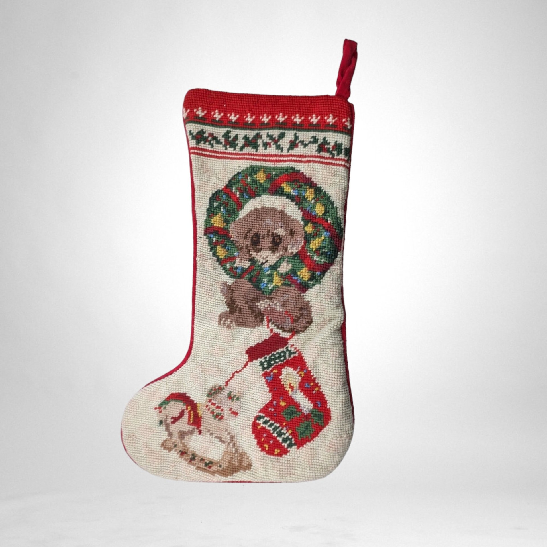 Vintage Needlepoint Christmas Stocking | Puppy in Wreath Stocking | Handmade Christmas Decor | Holiday Stocking