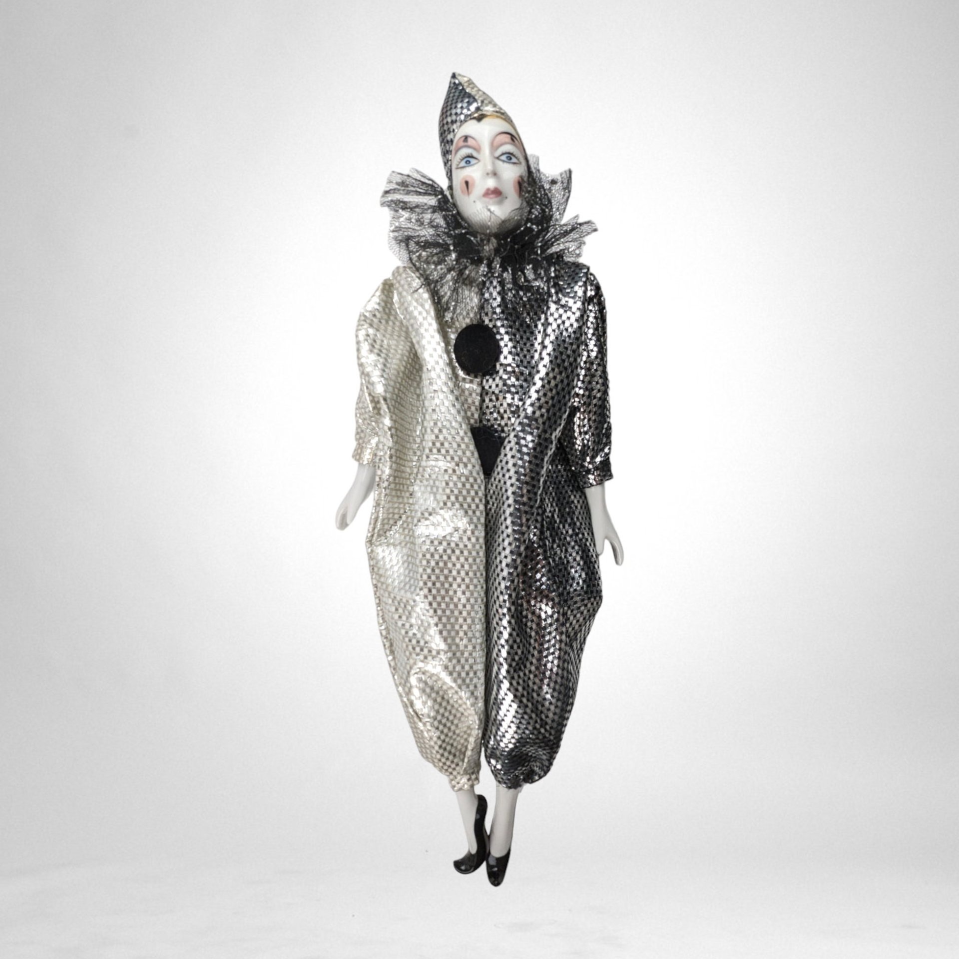 Vintage Porcelain Harlequin Doll, 17" Black and Silver Jester Doll, Pierrot Clown, Collectible Doll, Decorative Doll
