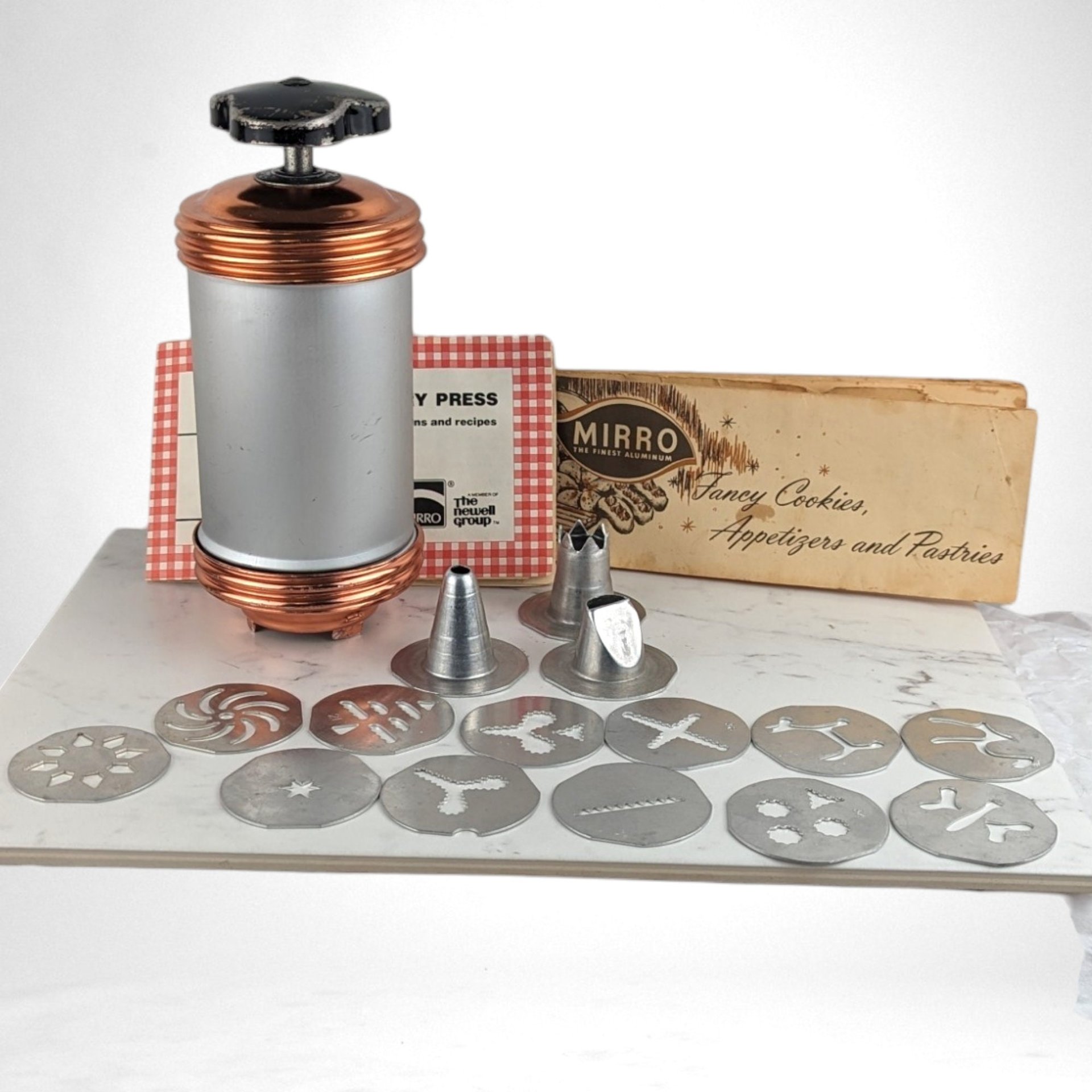Vintage Mirro Cookie Press with 12 Plates and 3 Decorator Tips