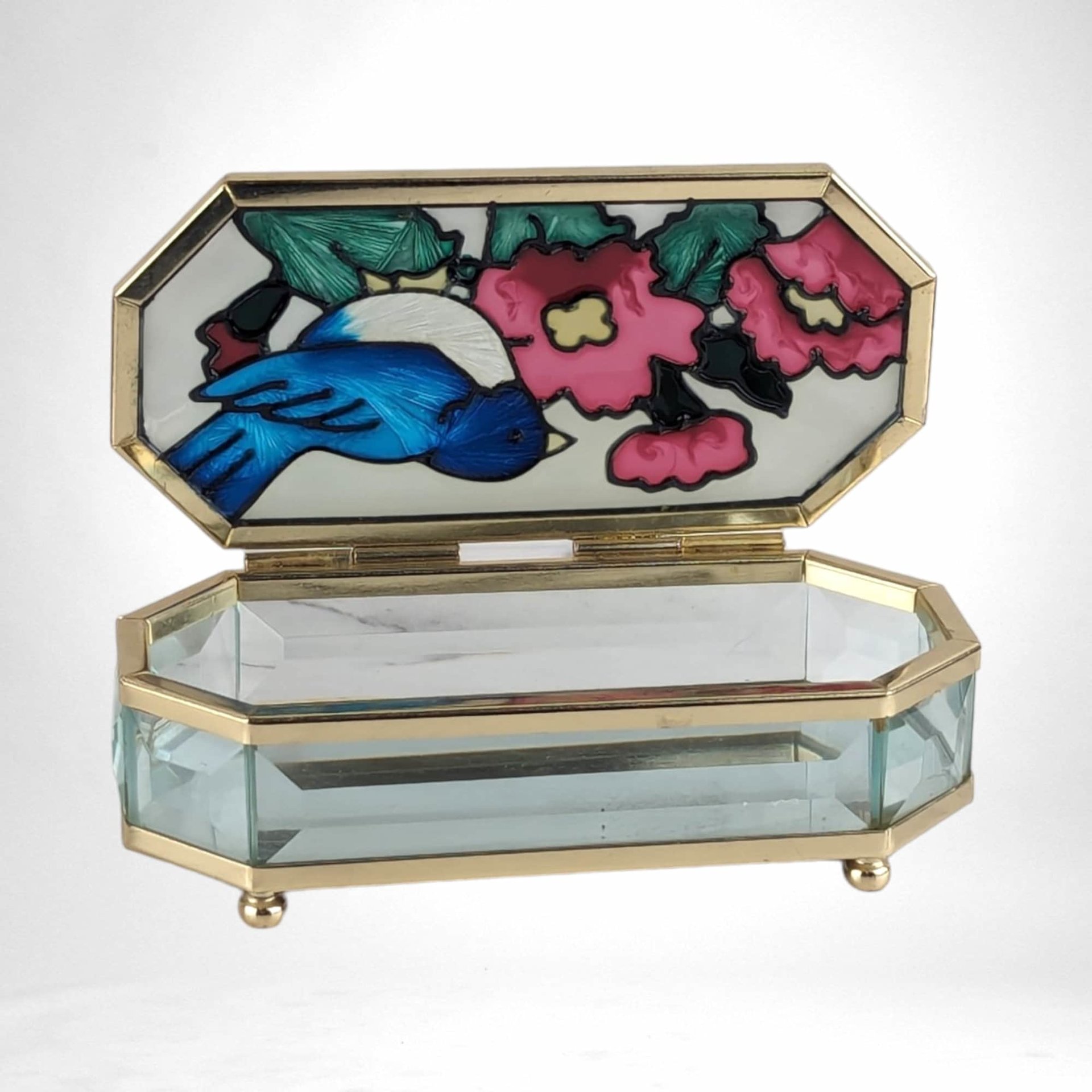 Vintage Joan Baker Designs Jewelry Box, Hand Painted Glass Trinket Box, Bluebird and Flowers, Collectible Box, Gift for Her