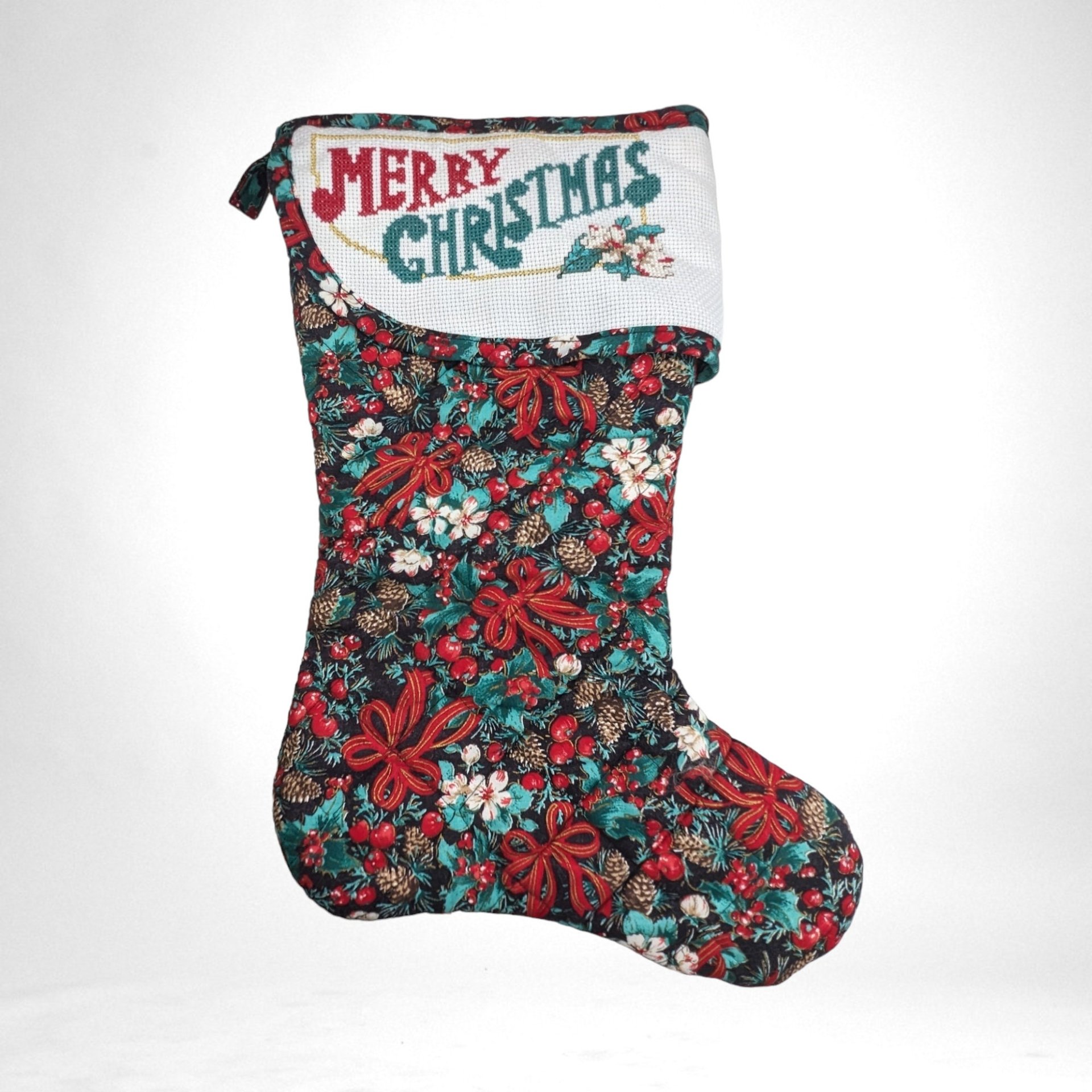 Vintage Handmade Quilted & Cross Stitched 'Merry Christmas' Stocking, 15" Tall, Excellent Condition, Unique Holiday Decor, Gift Idea