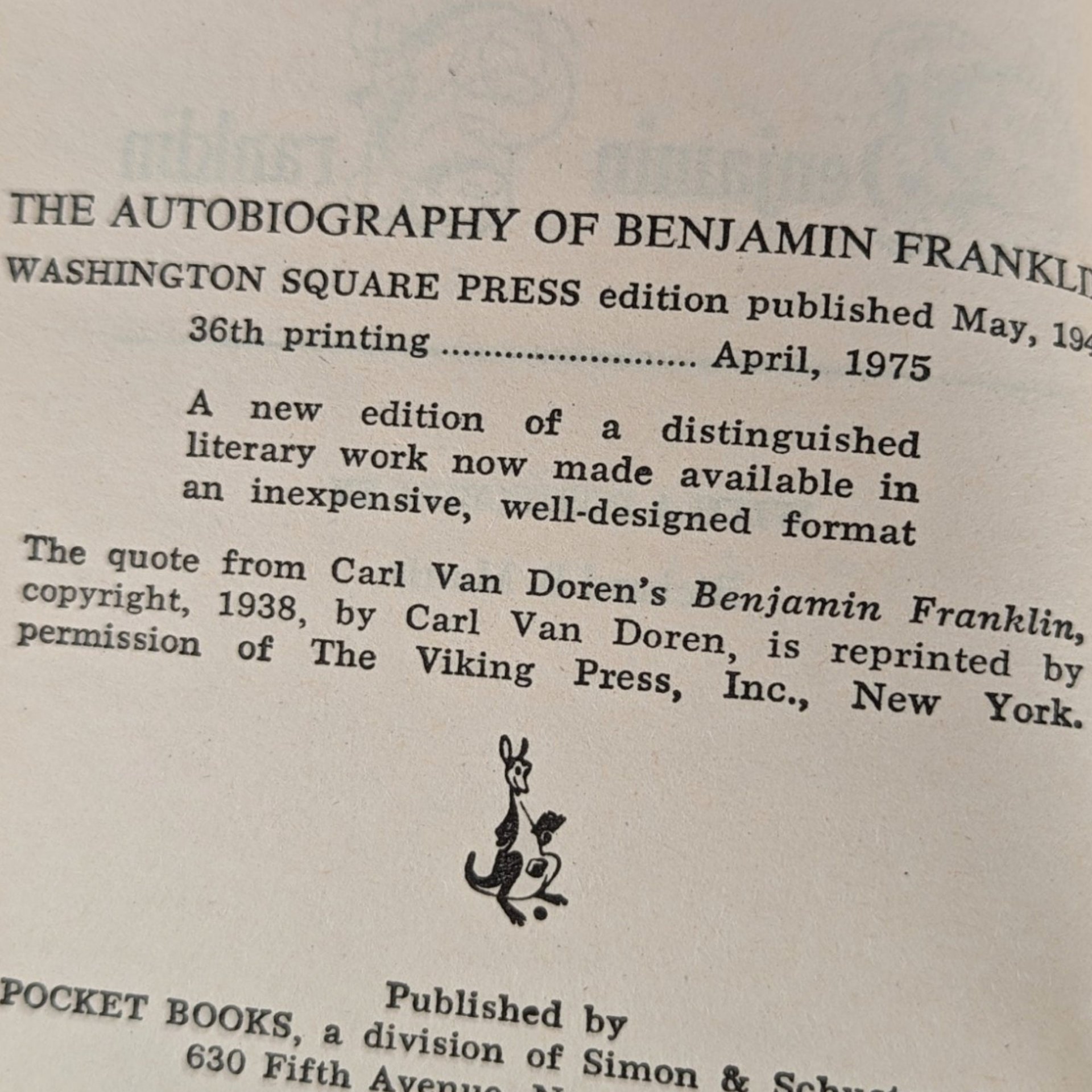 Vintage 1975 Benjamin Franklin Autobiography, Softcover, 36th Printing, Washington Square Press