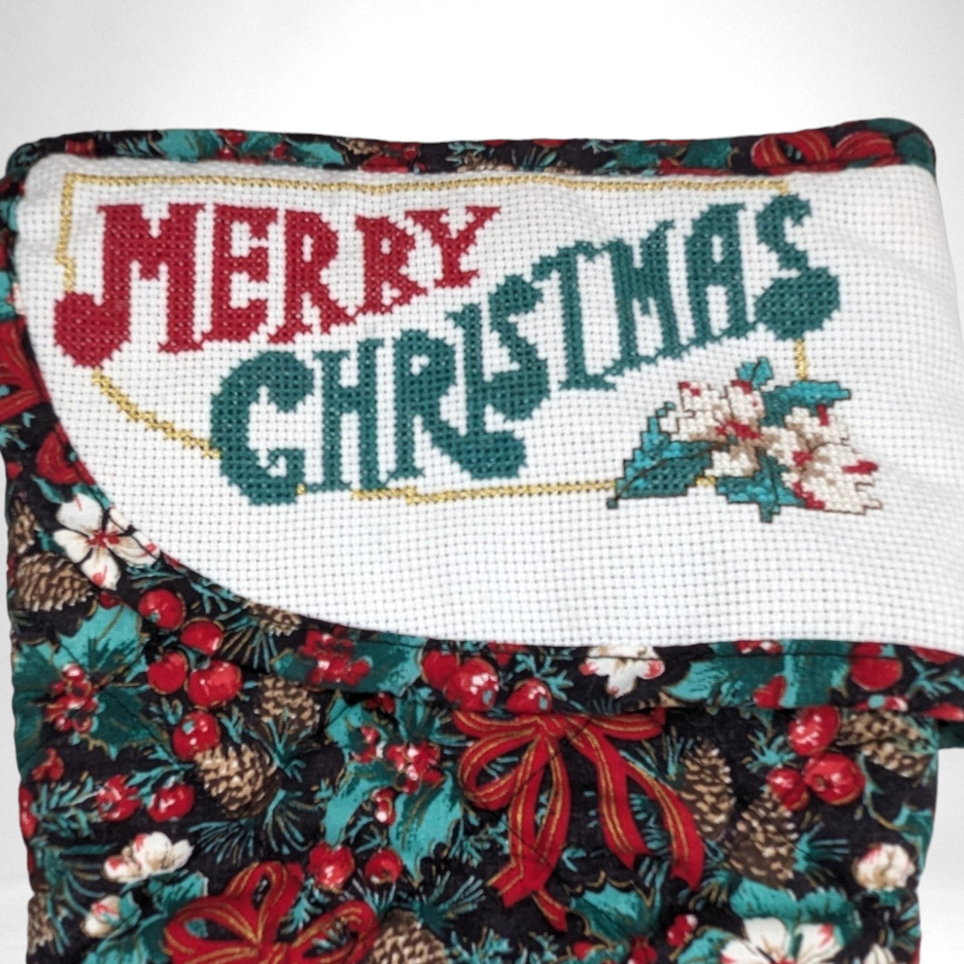 Vintage Handmade Quilted & Cross Stitched 'Merry Christmas' Stocking, 15" Tall, Excellent Condition, Unique Holiday Decor, Gift Idea