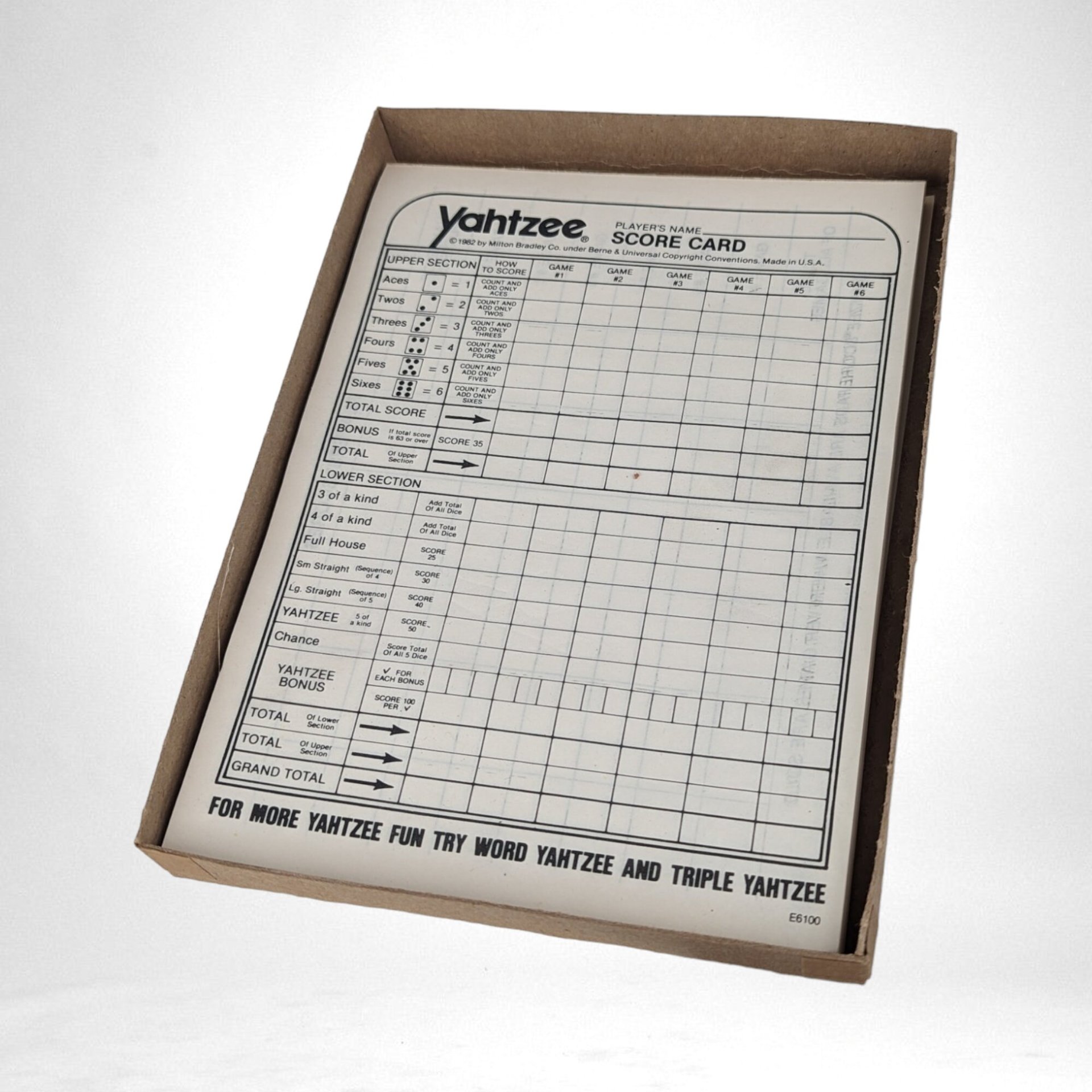Vintage 1982 Yahtzee Replacement Score Cards |  Full Pad |  Classic Game | Game Night Essential