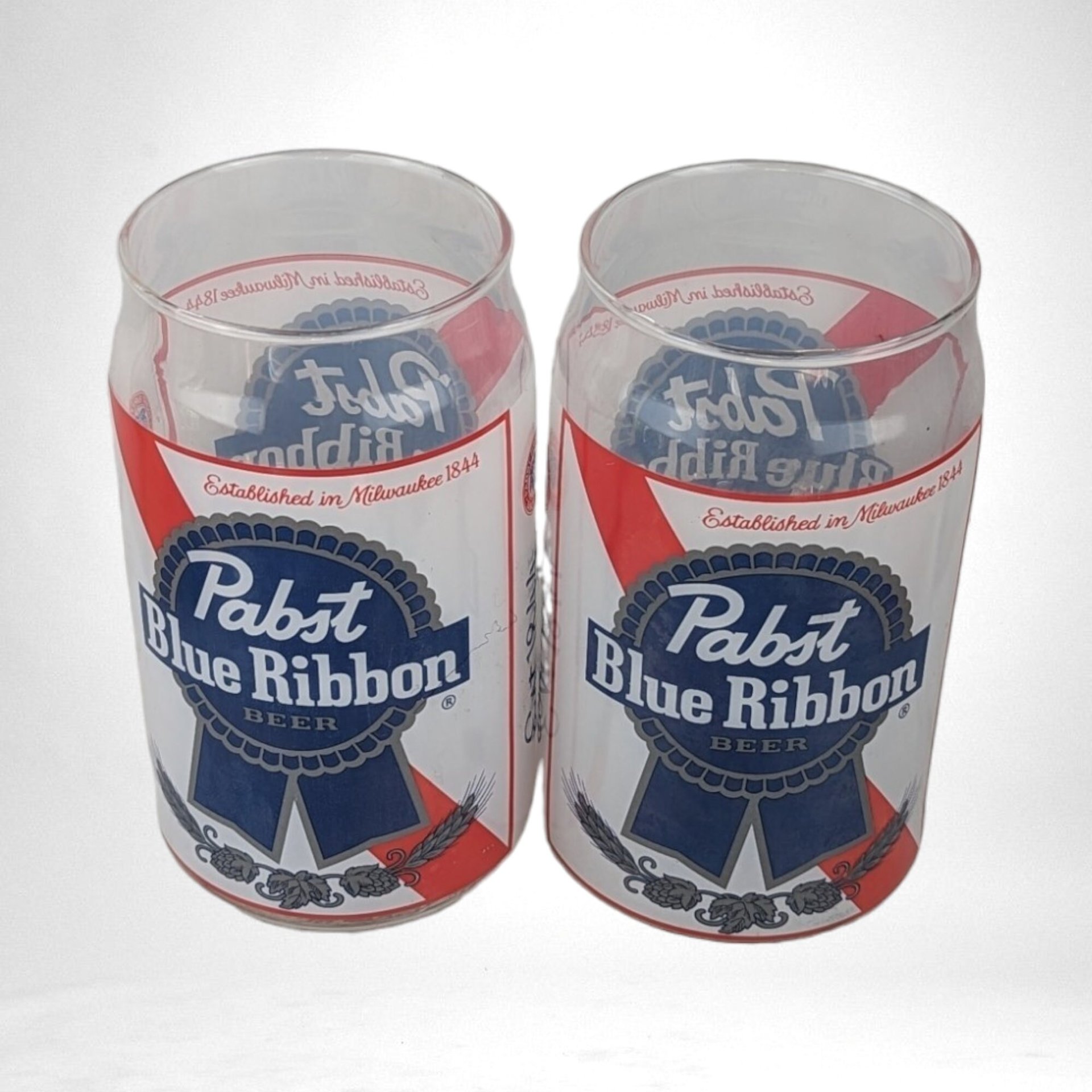 Vintage Pabst Blue Ribbon Beer Glasses, Pair, 5.5" Tall, Excellent Condition, Collectible Barware, Gift for Beer Lovers
