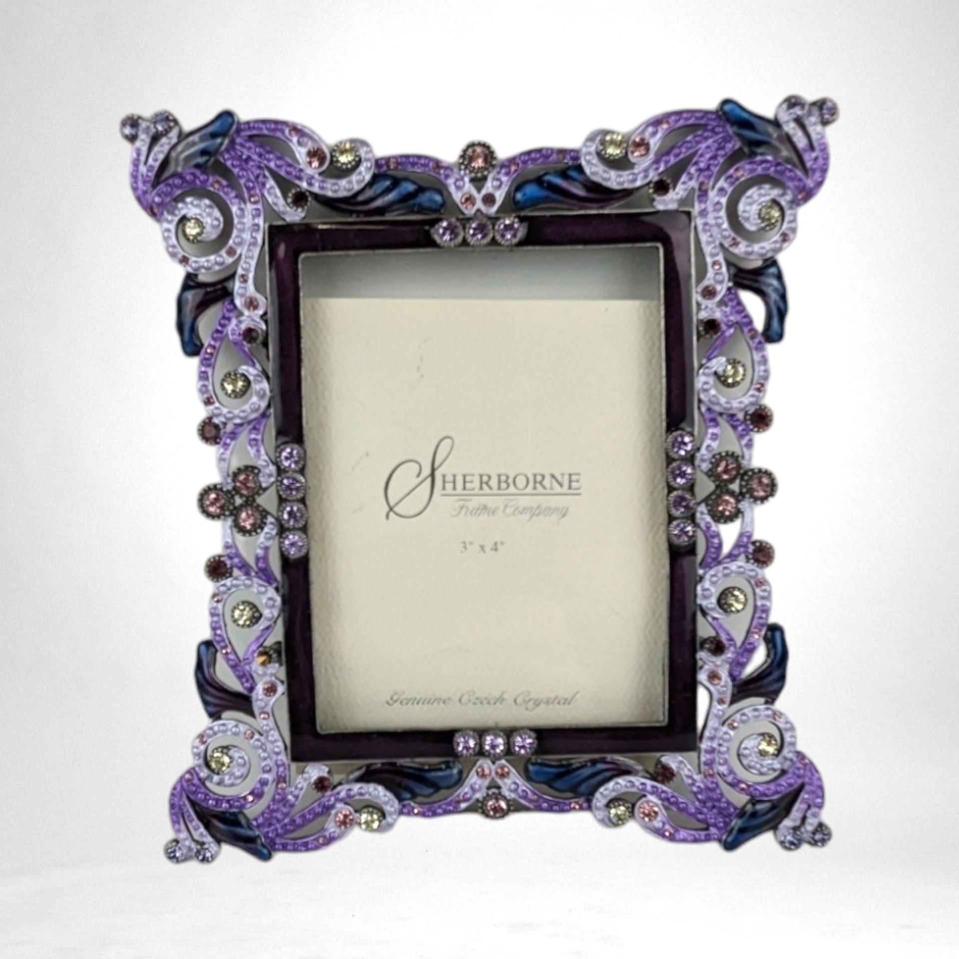 Vintage Sherborne Purple Enamel & Crystal Picture Frame | 3x4 Photo | Ornate Jeweled Frame | Victorian Style Home Decor