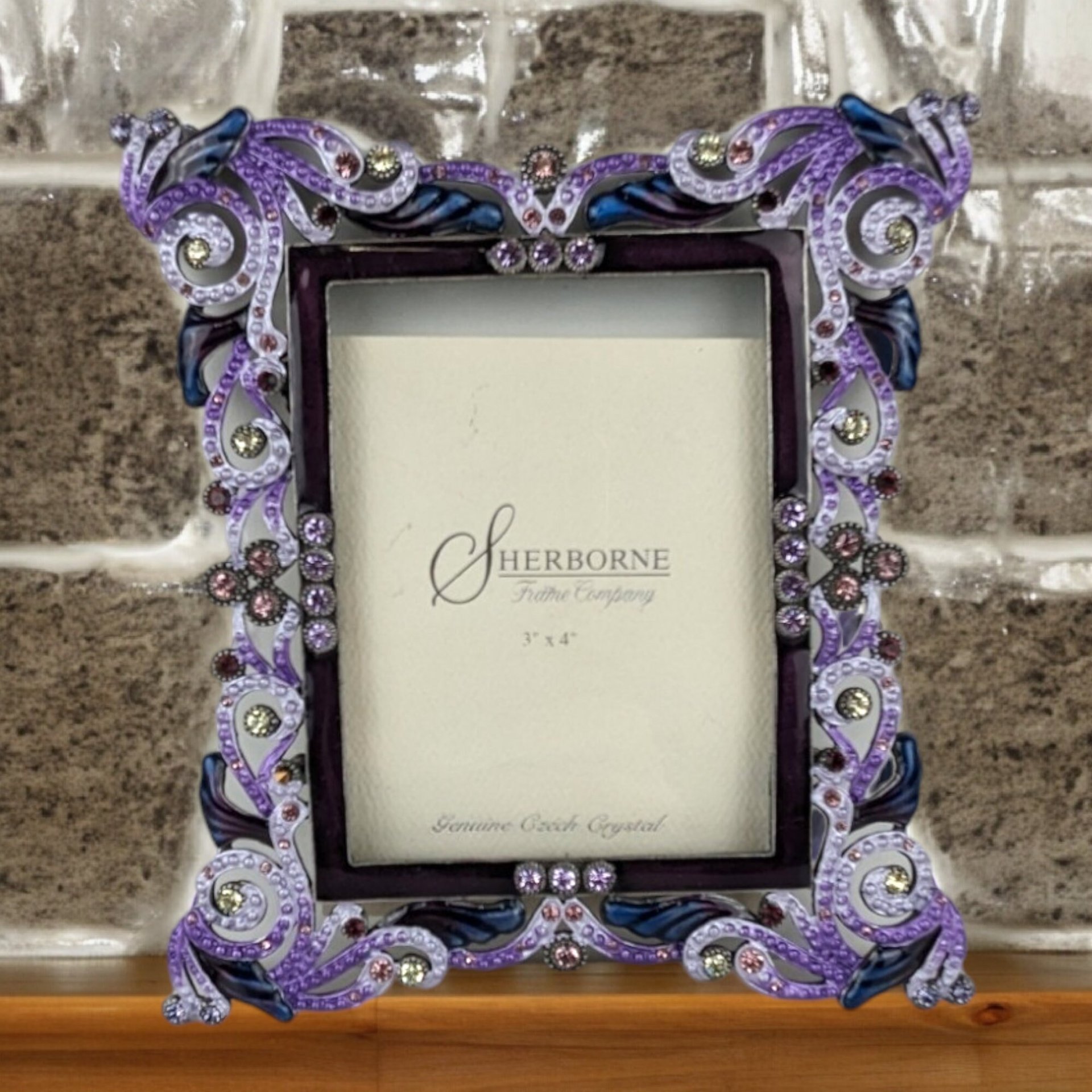 Vintage Sherborne Purple Enamel & Crystal Picture Frame | 3x4 Photo | Ornate Jeweled Frame | Victorian Style Home Decor
