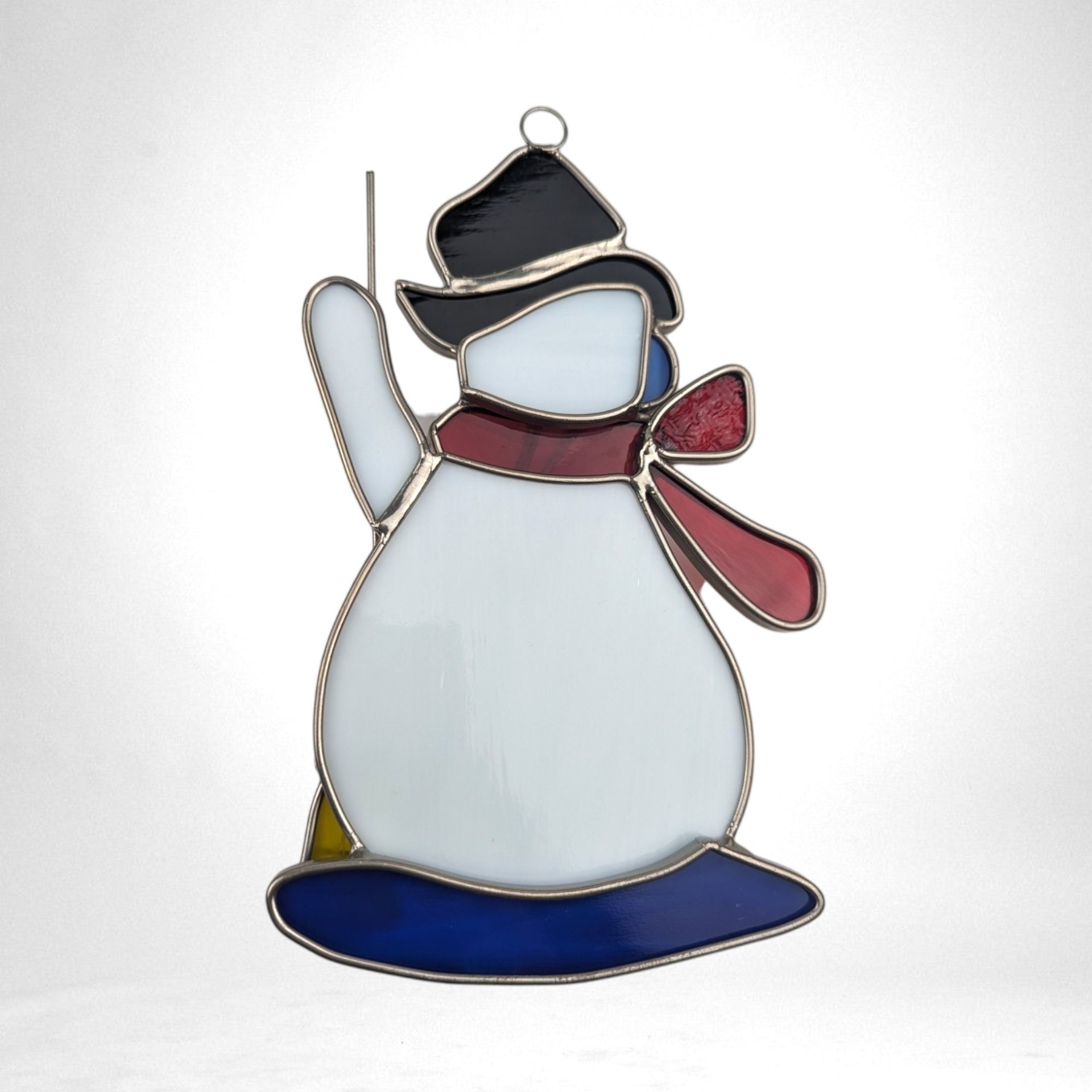 Vintage Stained Glass Snowman Suncatcher, Christmas Decor, Snowman with Broom, 7 Inch Hanging Decoration, Winter Decor, Unique Gift