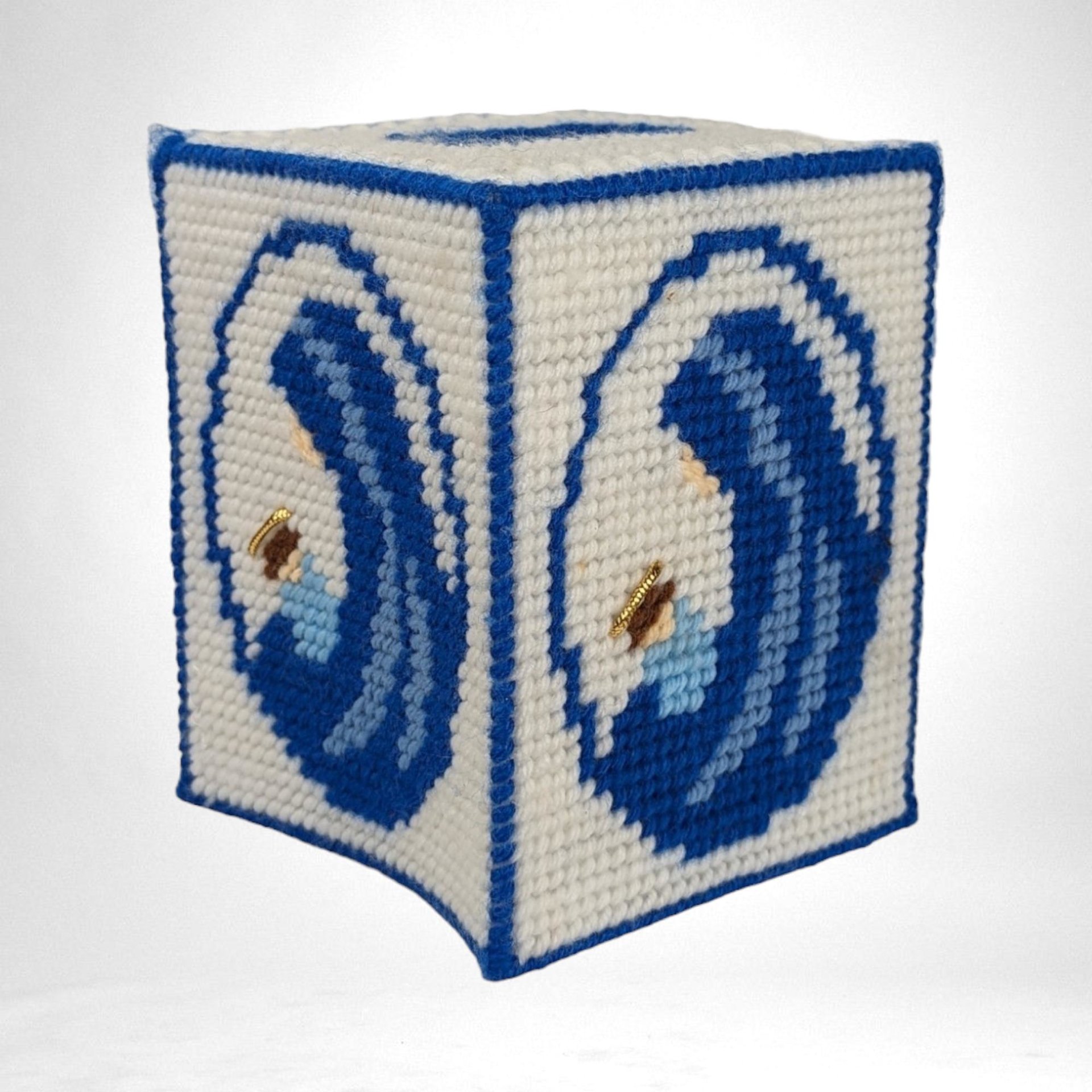 Vintage Handmade Tissue Box Cover | Virgin Mary | Needlepoint | Religious Decor |  Fits Cube Box