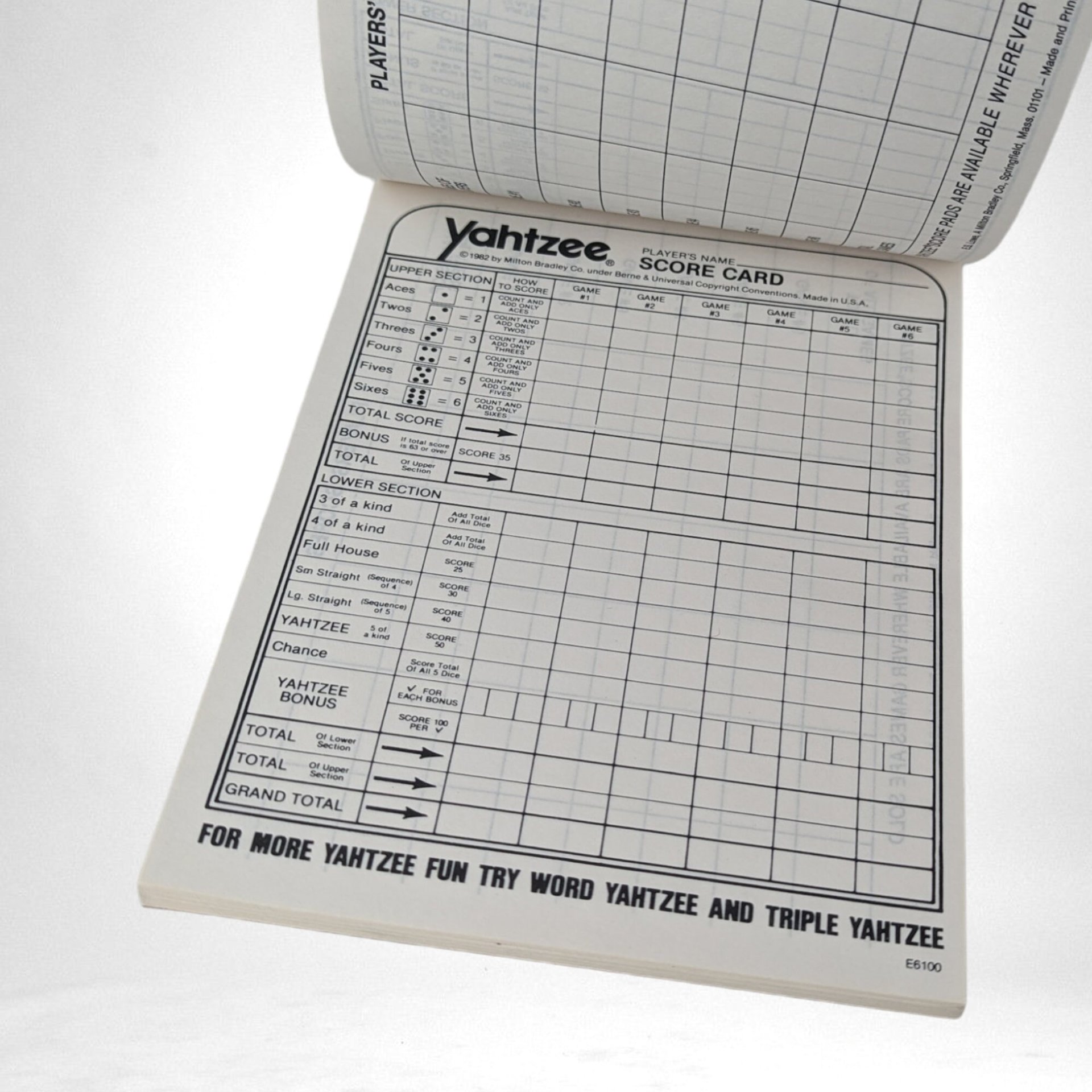 Vintage 1982 Yahtzee Replacement Score Cards |  Full Pad |  Classic Game | Game Night Essential