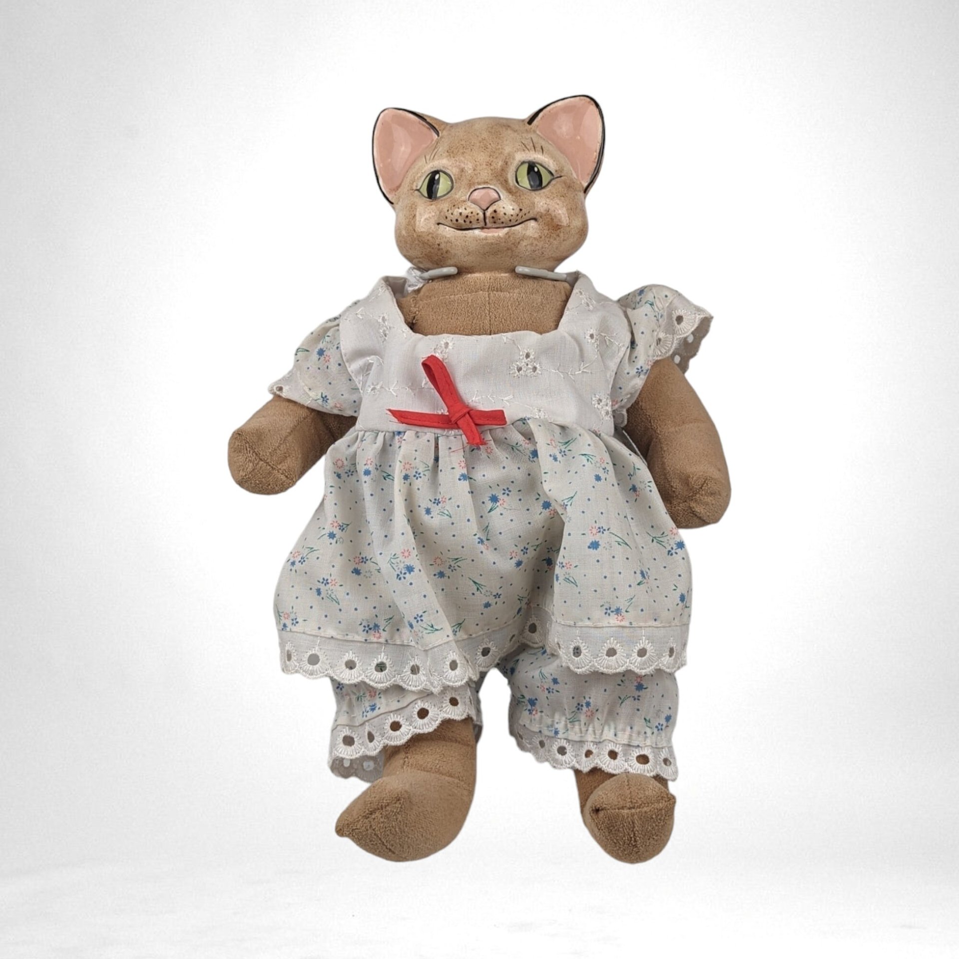 Vintage Cat Doll with Porcelain Head, Soft Body,  Collectible Cat Doll,  Unique Gift,  11 Inch Doll,  Needs Minor Repair