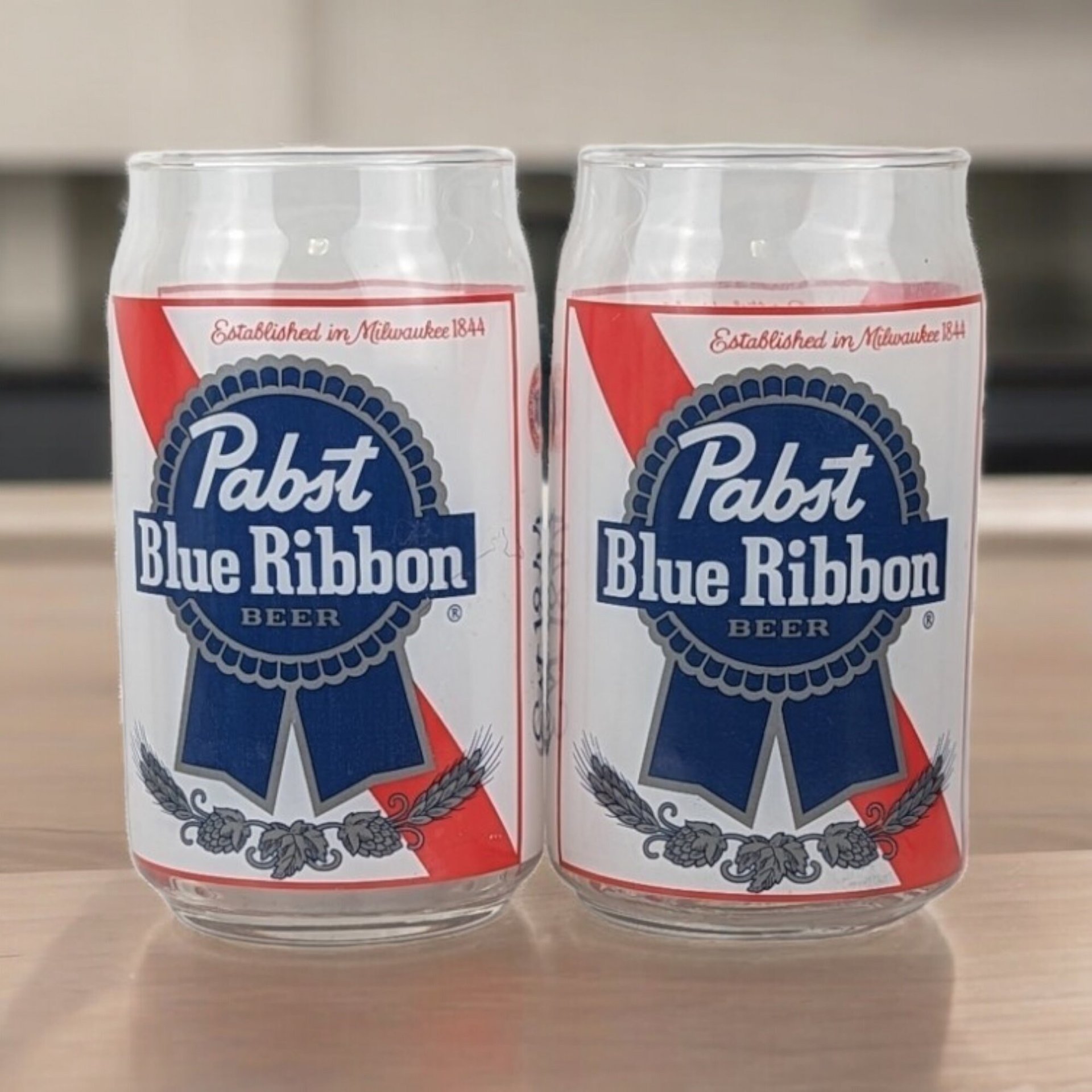 Vintage Pabst Blue Ribbon Beer Glasses, Pair, 5.5" Tall, Excellent Condition, Collectible Barware, Gift for Beer Lovers