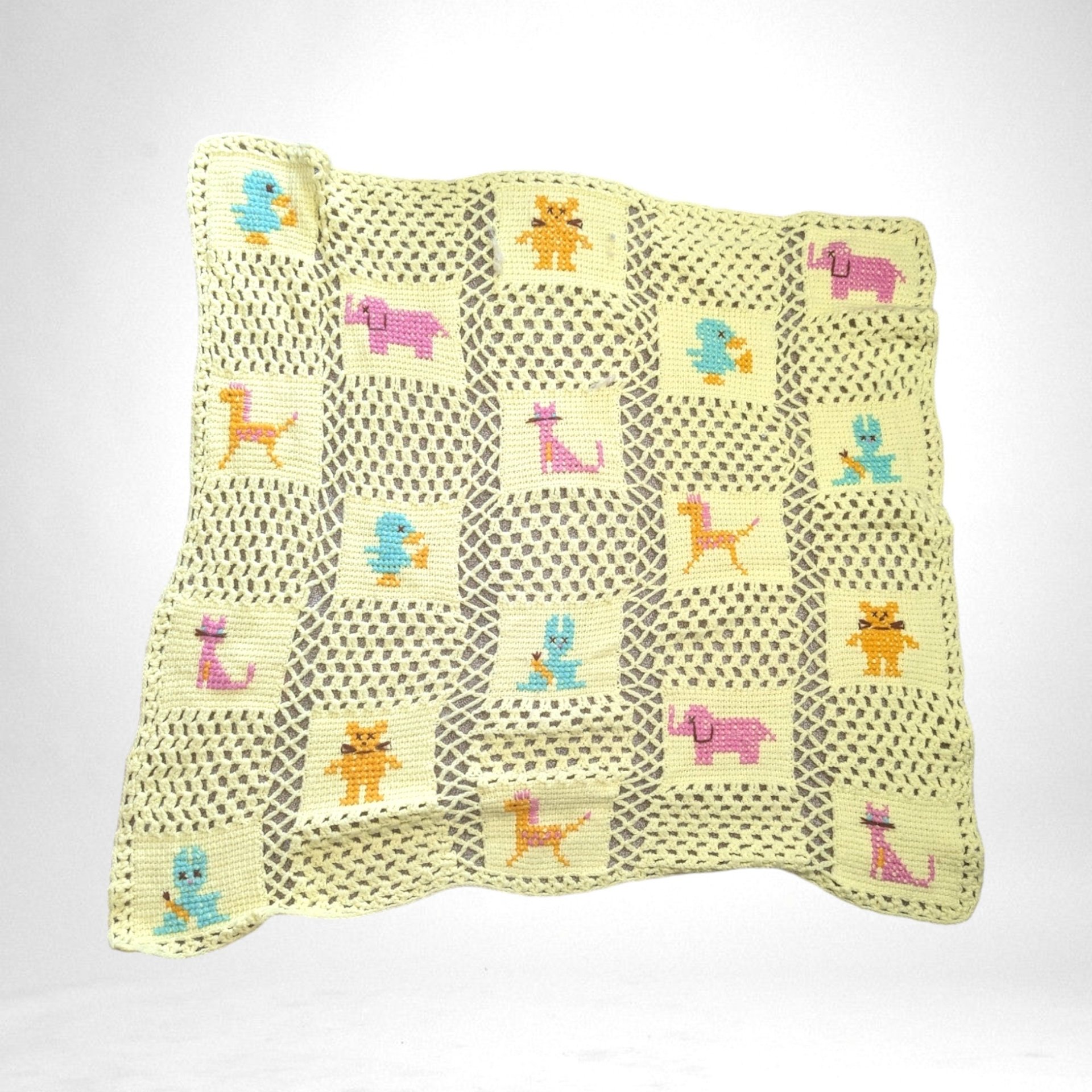 Vintage Handmade Granny Square Yellow Baby Blacket with Animals