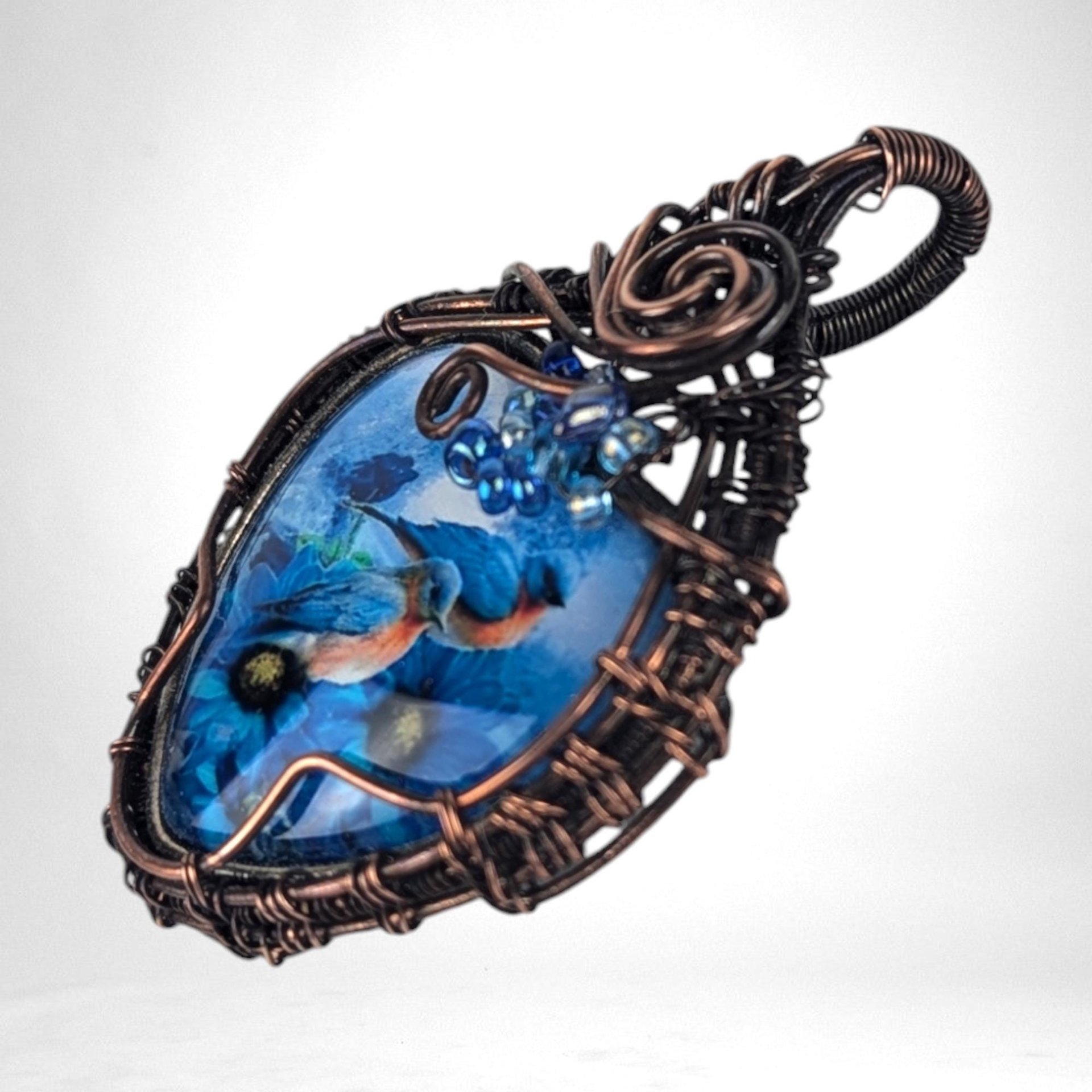 Handmade Copper Wire Wrapped Pendant with Blue Birds | Unique Artisan Jewelry | Nature-Inspired Necklace | Gift for Bird Lovers
